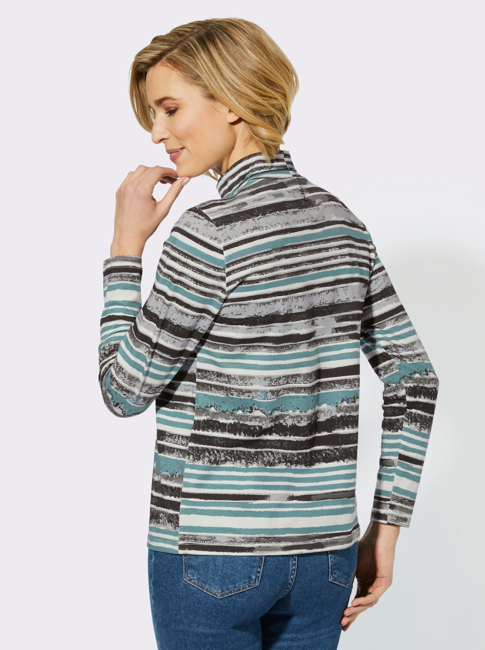 Stehkragenshirt mit Druck-Dessin - steingrau-salbei-bedruckt