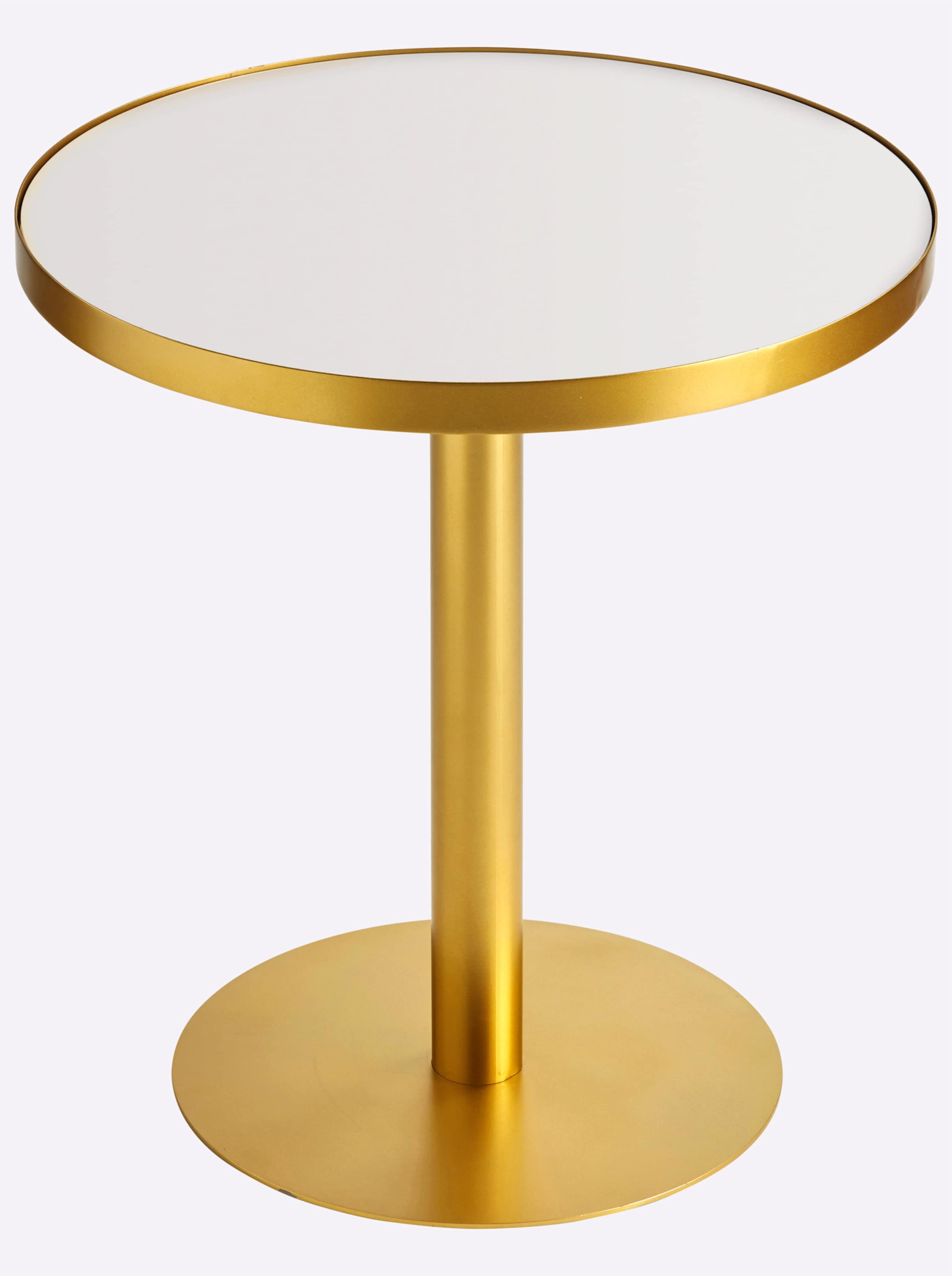 Holz PU günstig Kaufen-Tisch in goldfarben von heine home. Tisch in goldfarben von heine home <![CDATA[Tisch Kleiner goldfarbener, pulverbeschichteter Esstisch. Platte aus MDF-Holzfaser, weiß lackiert. Fuß ø ca. 49 cm. Aufgebaut.]]>. 
