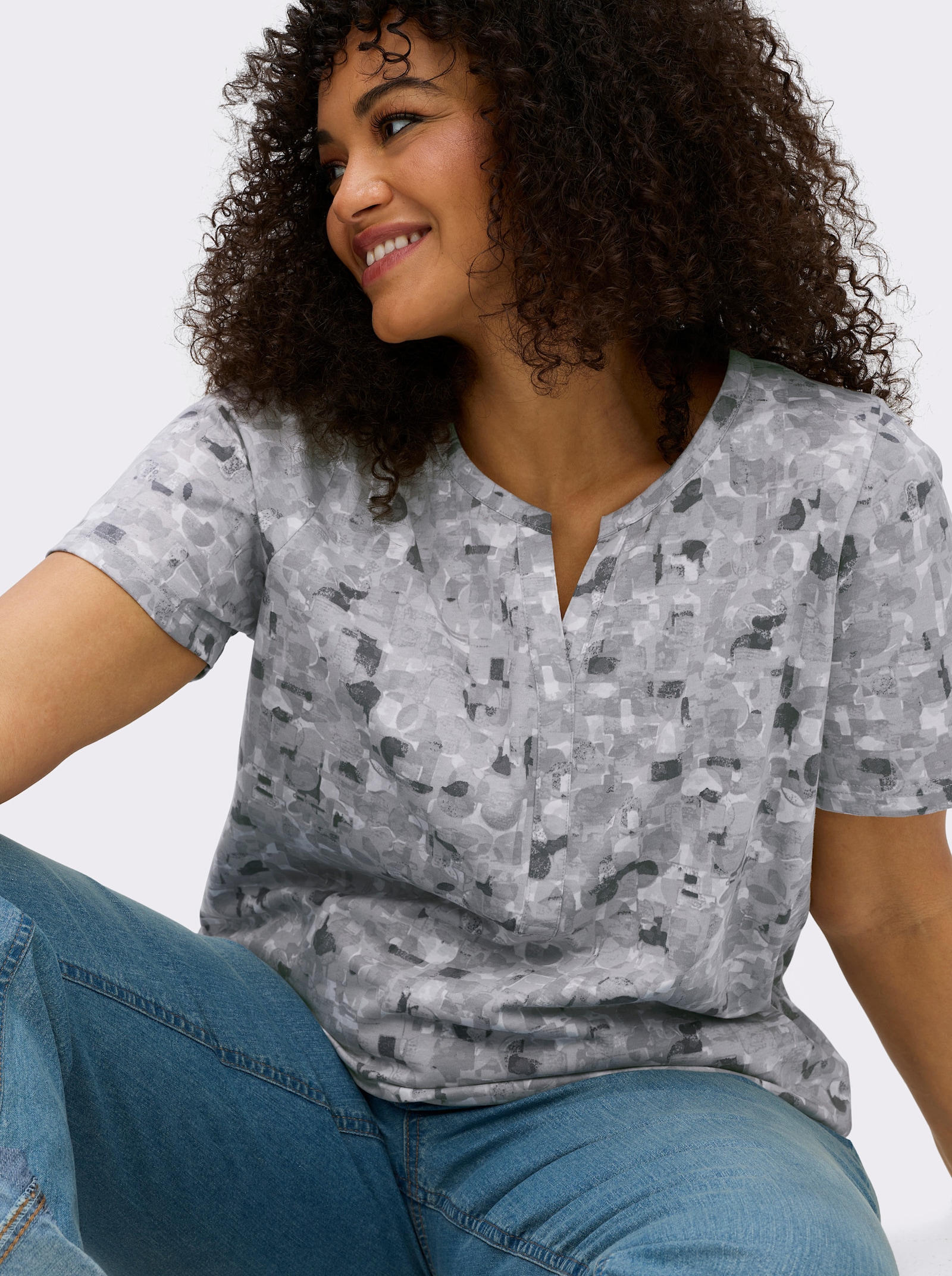 Kurzarmshirt in Baumwoll-Qualität - hellgrau-steingrau-bedruckt