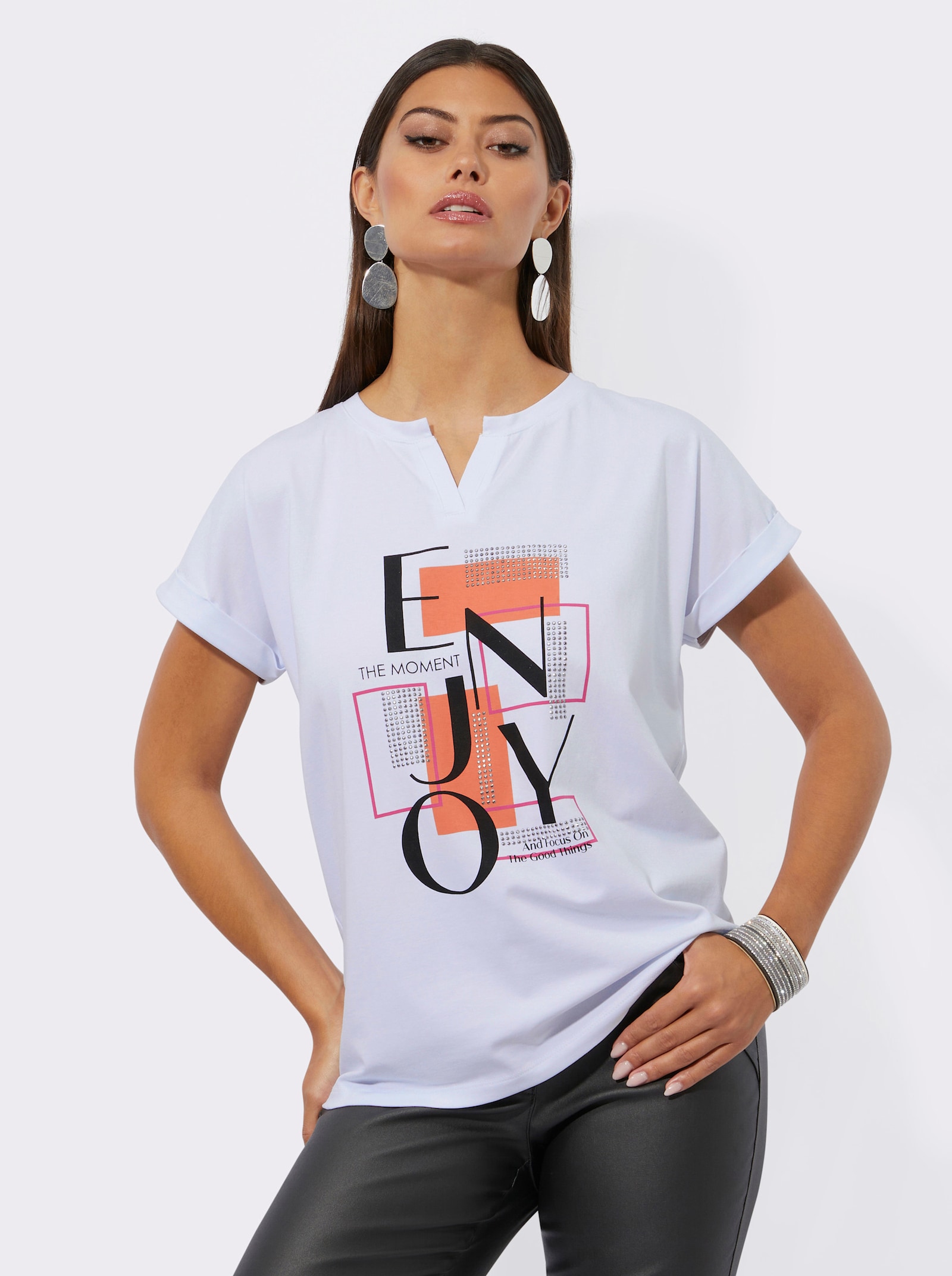 Print-Shirt mit Metallplättchen - weiss-papaya-bedruckt