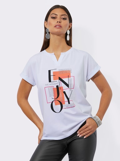 Print-Shirt mit Metallplättchen - weiß-papaya-bedruckt