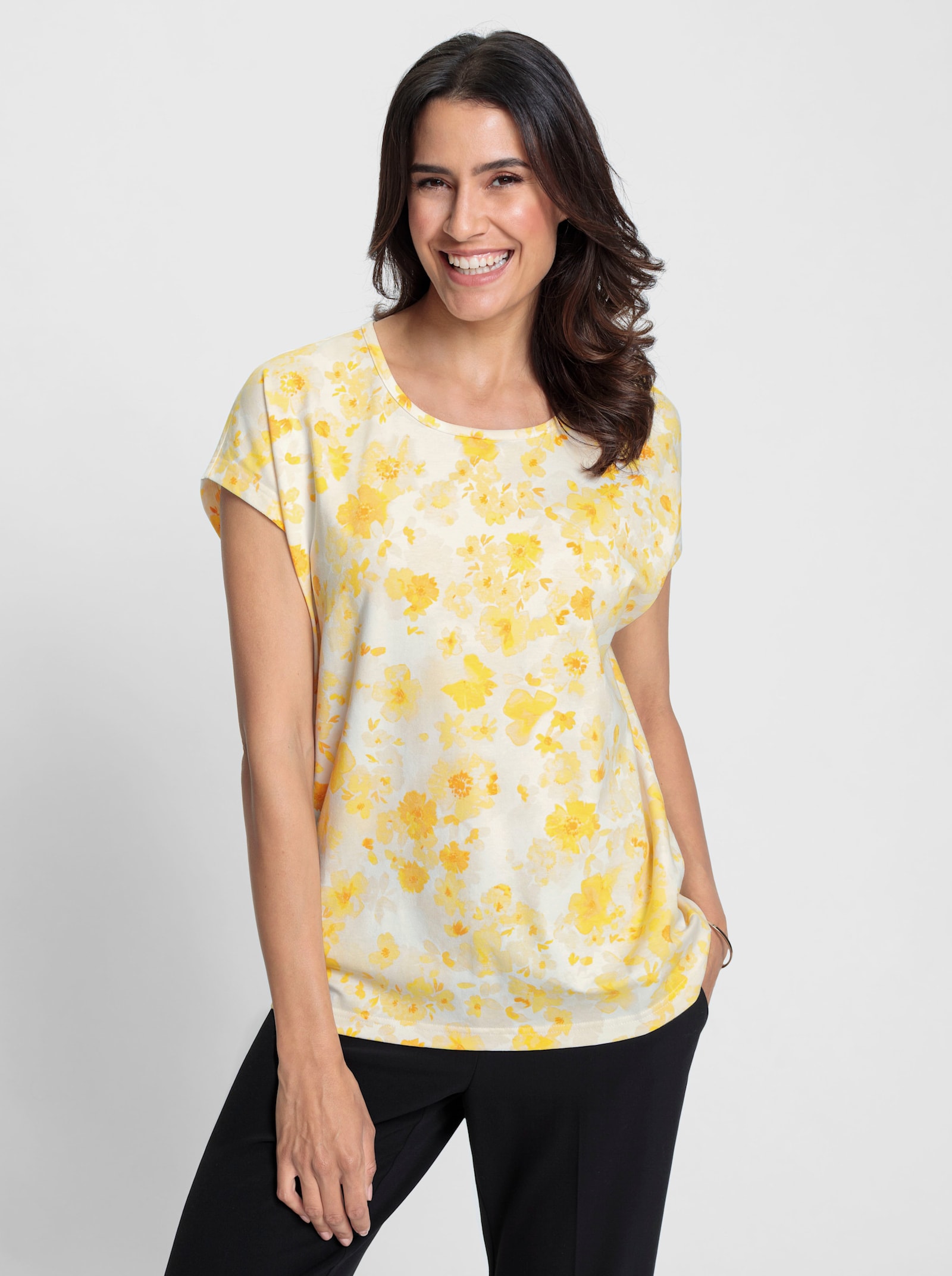 Print-Shirt Mit Paspelverzierung - zitrone-weiss-bedruckt