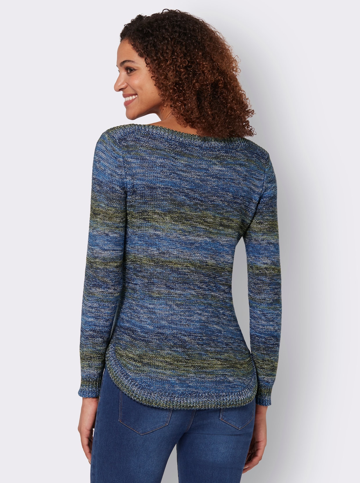 Gebreide pullover - jeansblauw/rietgroen gemêleerd