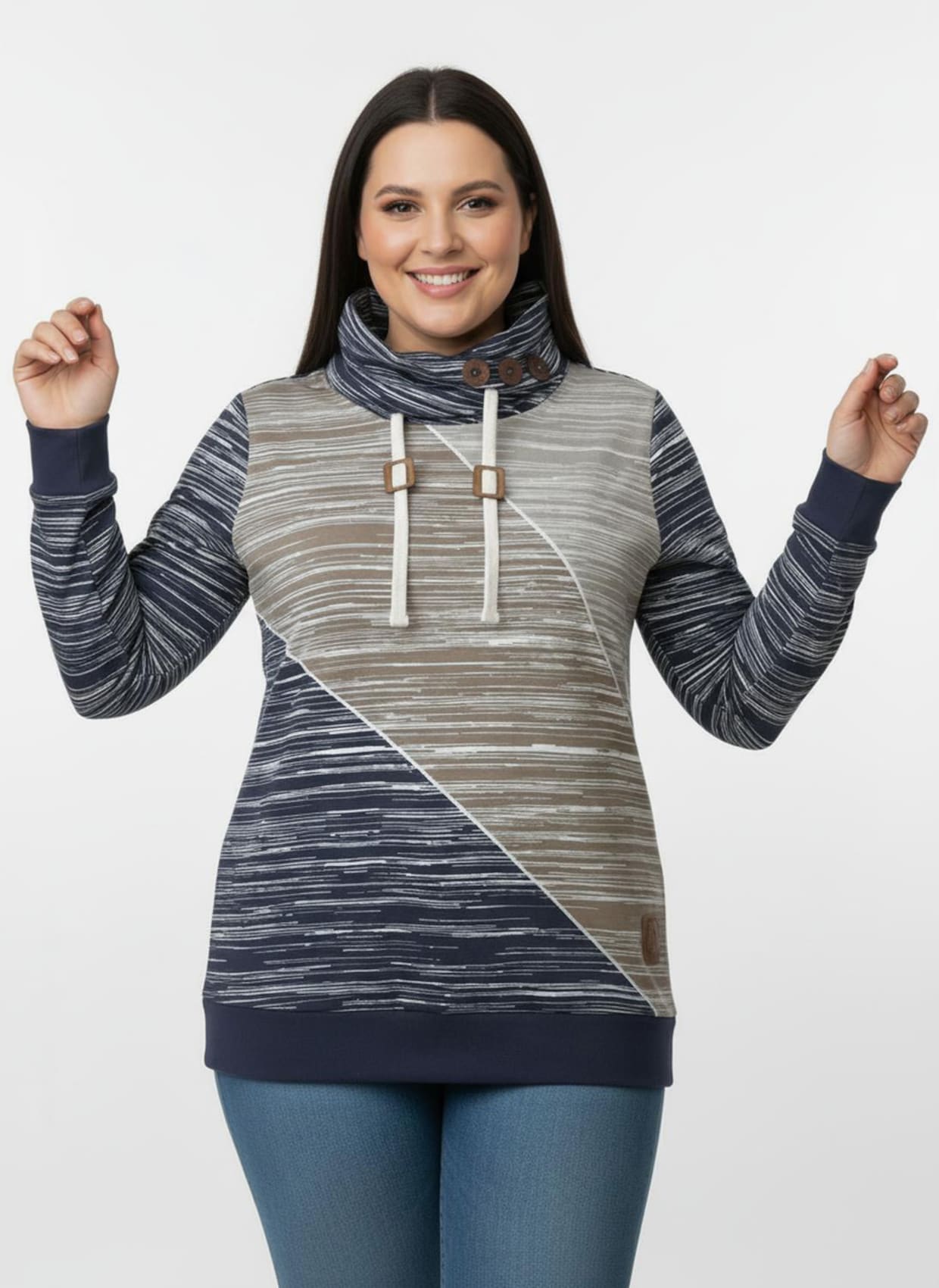 Sweatshirt mit elastischen Bündchen - dunkelblau-ecru-bedruckt