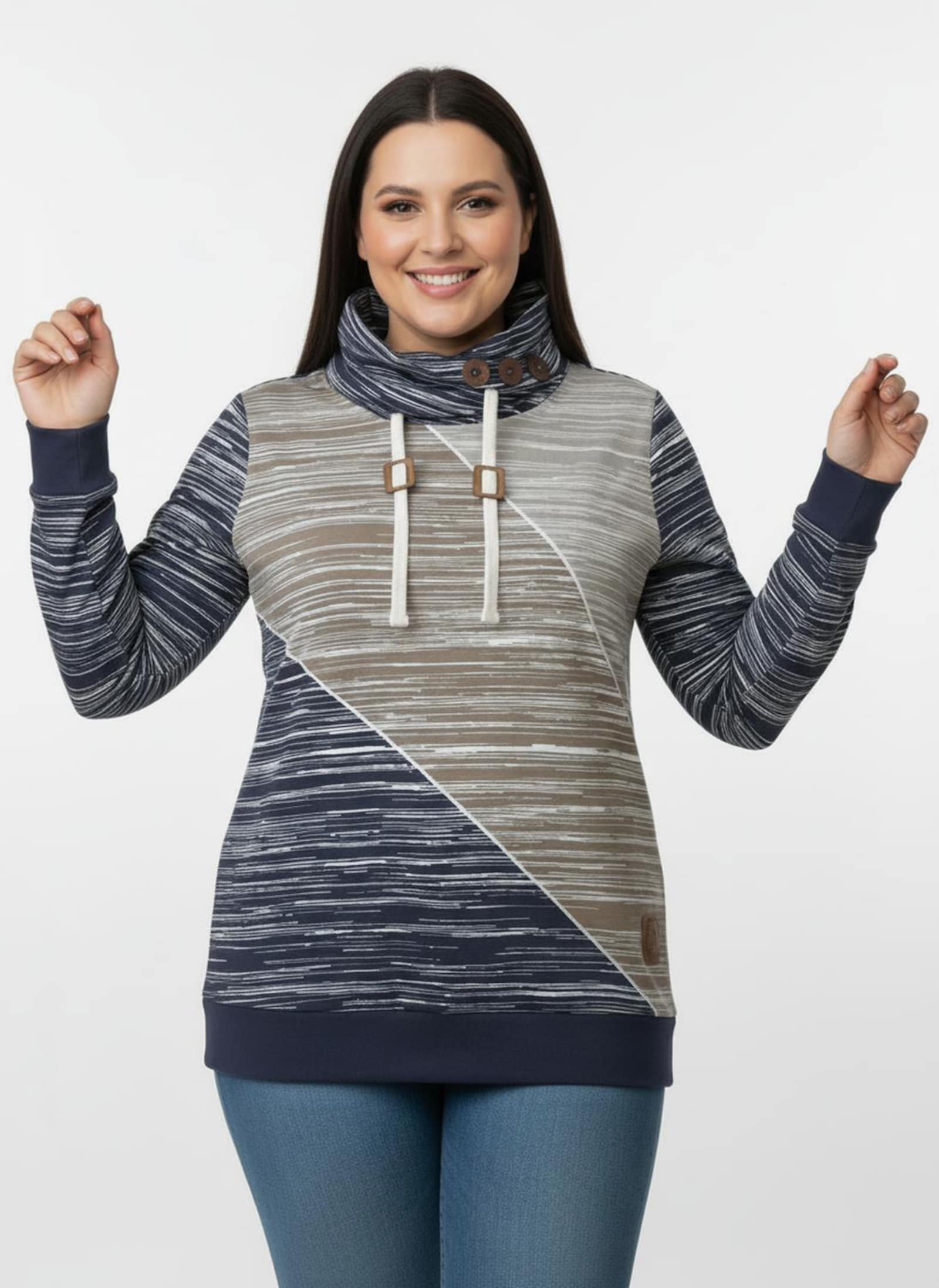 Sweatshirt mit elastischen Bündchen - dunkelblau-ecru-bedruckt