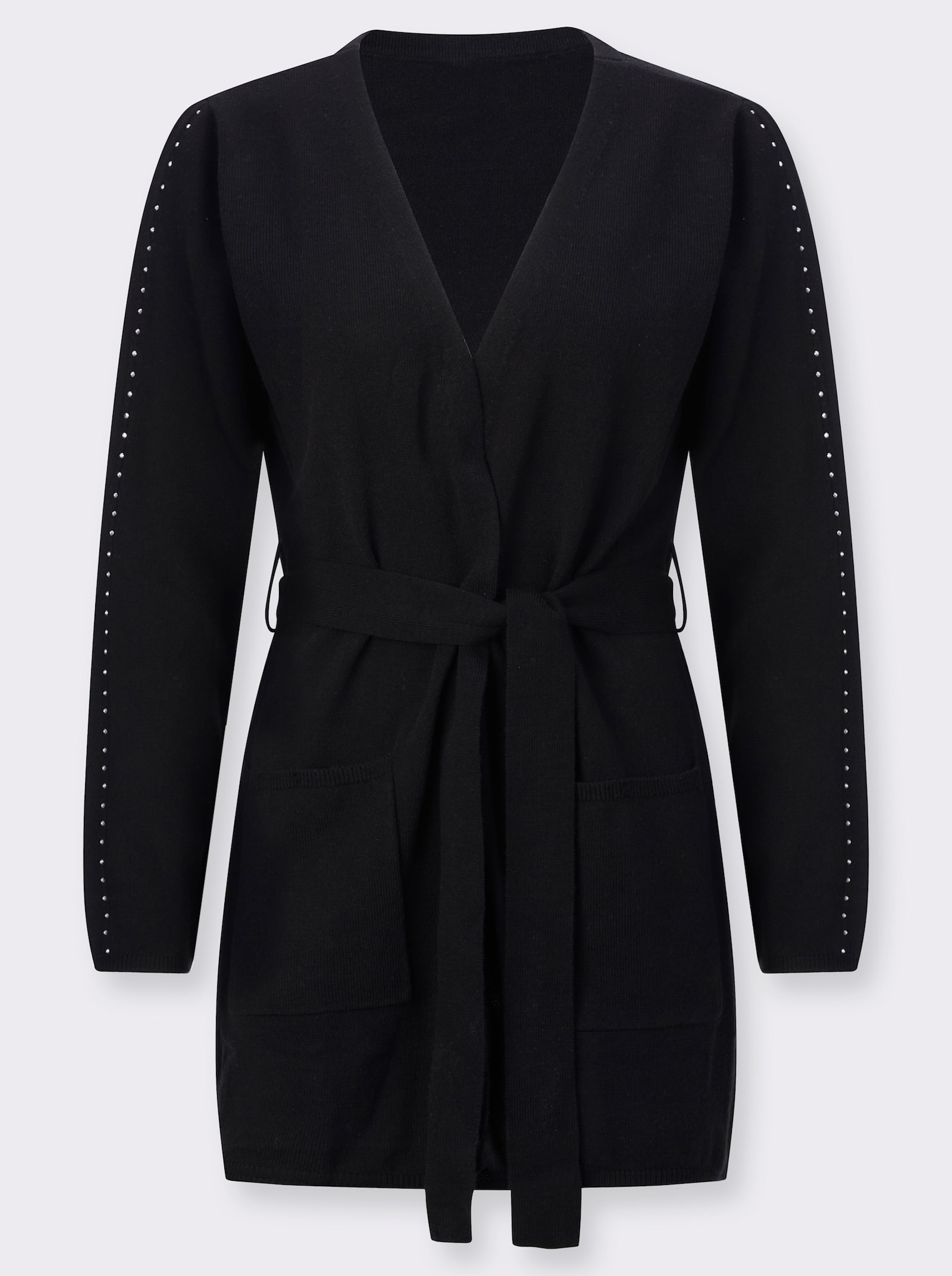 Longstrickjacke mit Bindegürtel - schwarz