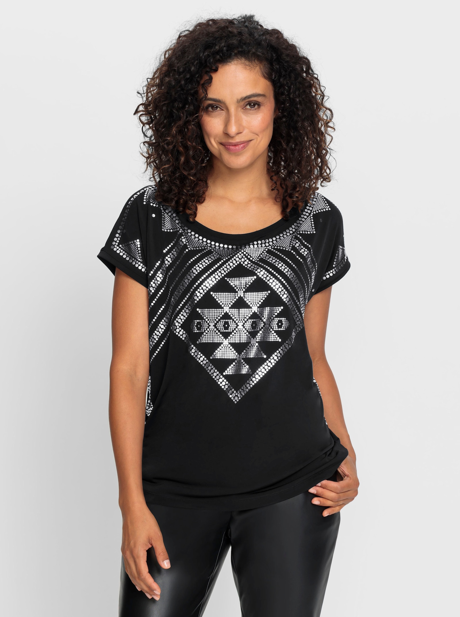 Kurzarmshirt mit silberfarbenem Druck - schwarz-silberfarben-bedruckt