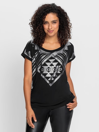 Kurzarmshirt mit silberfarbenem Druck - schwarz-silberfarben-bedruckt