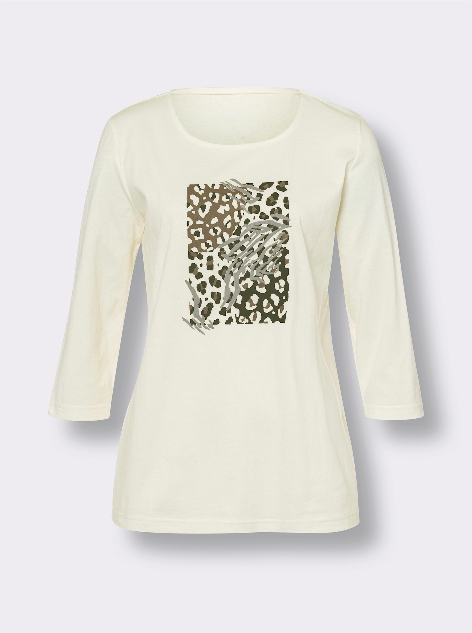 Tričko s kulatým výstřihem a leopardím potiskem - ecru-grafitová-potisk