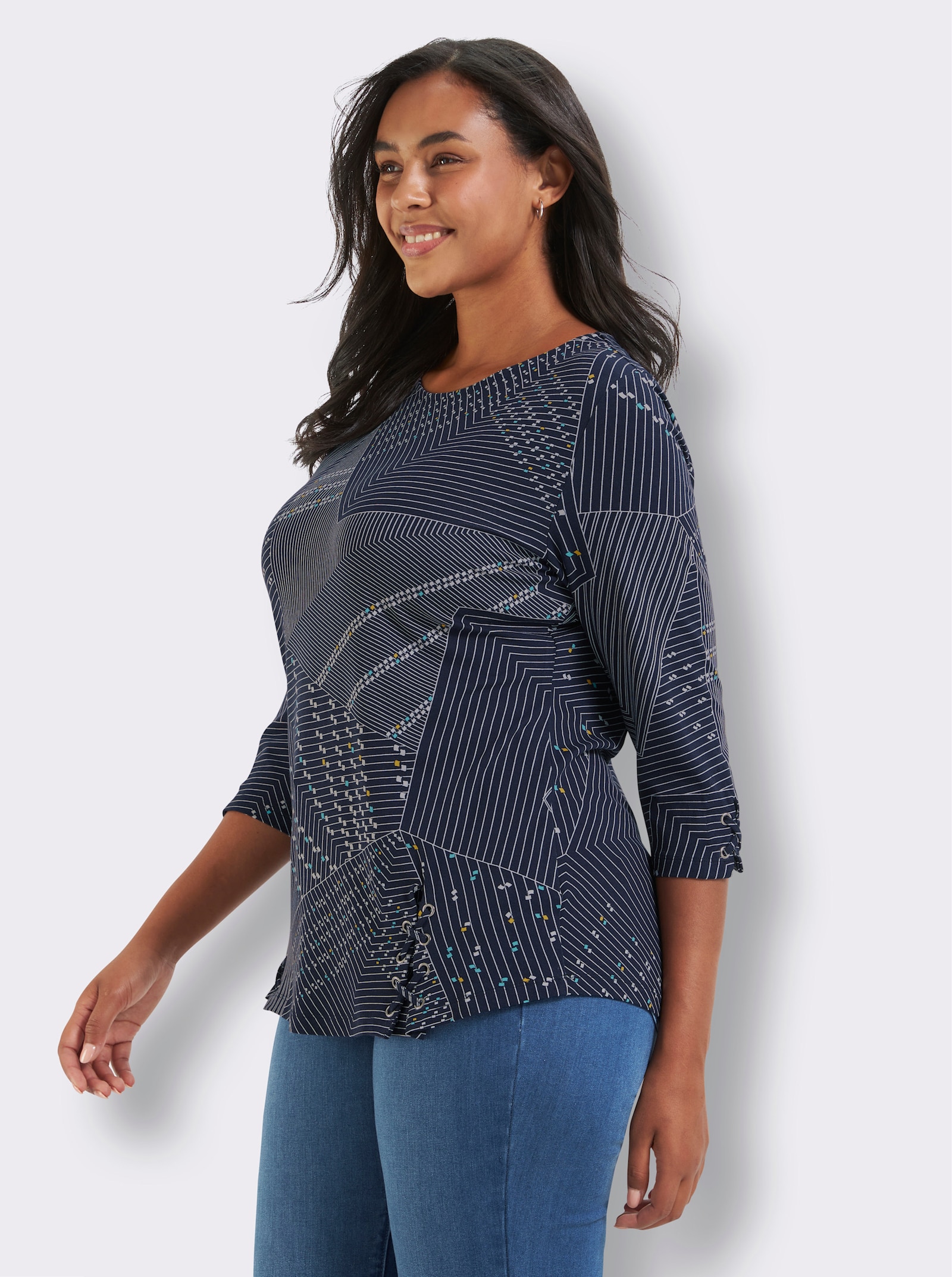 Print-Shirt mit Seitenschlitzen - marine-weiß-bedruckt