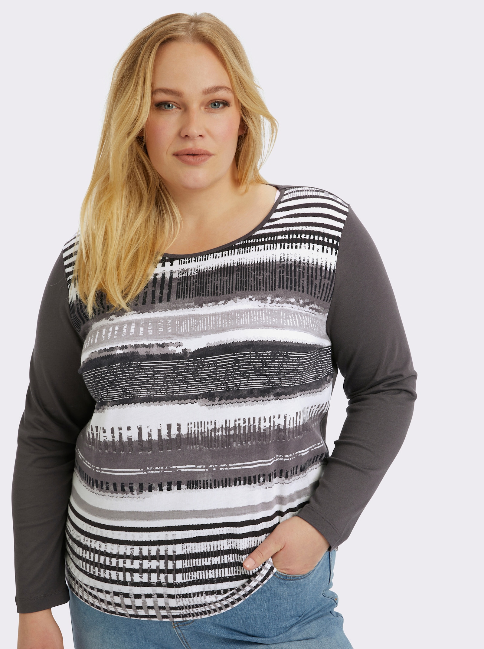 Langarmshirt mit grafischem Muster vorne - dunkelgrau-gestreift