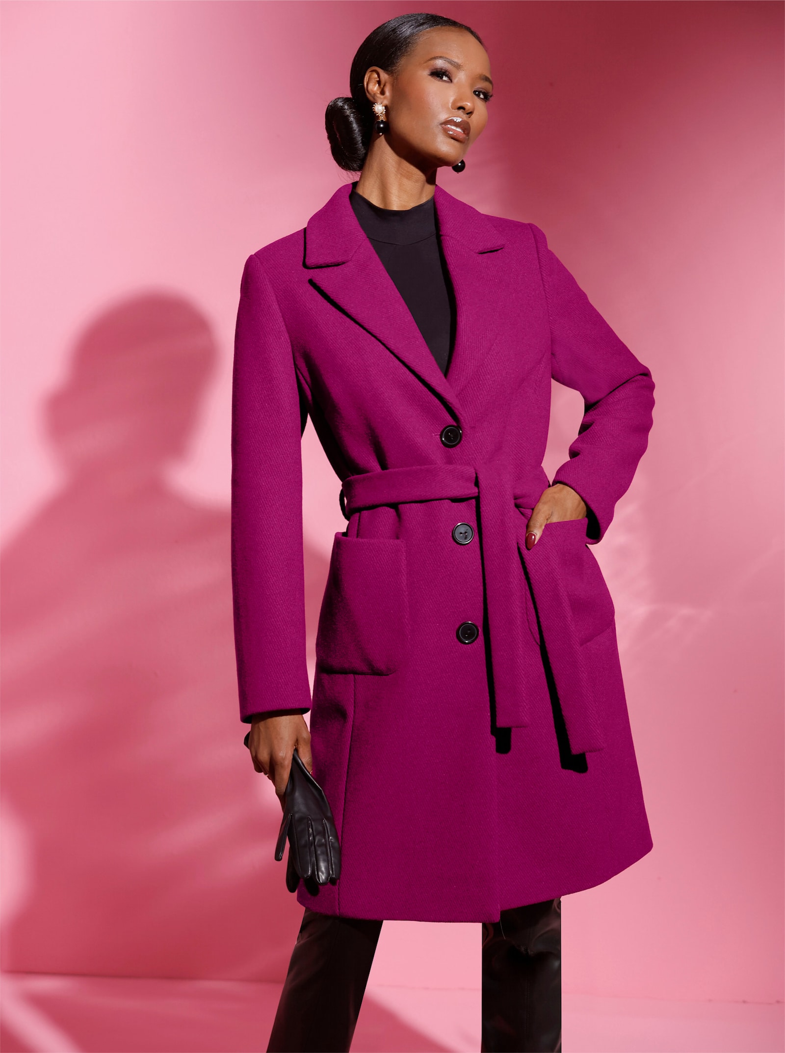 Wollmantel mit flachen Schulterpolstern - magenta