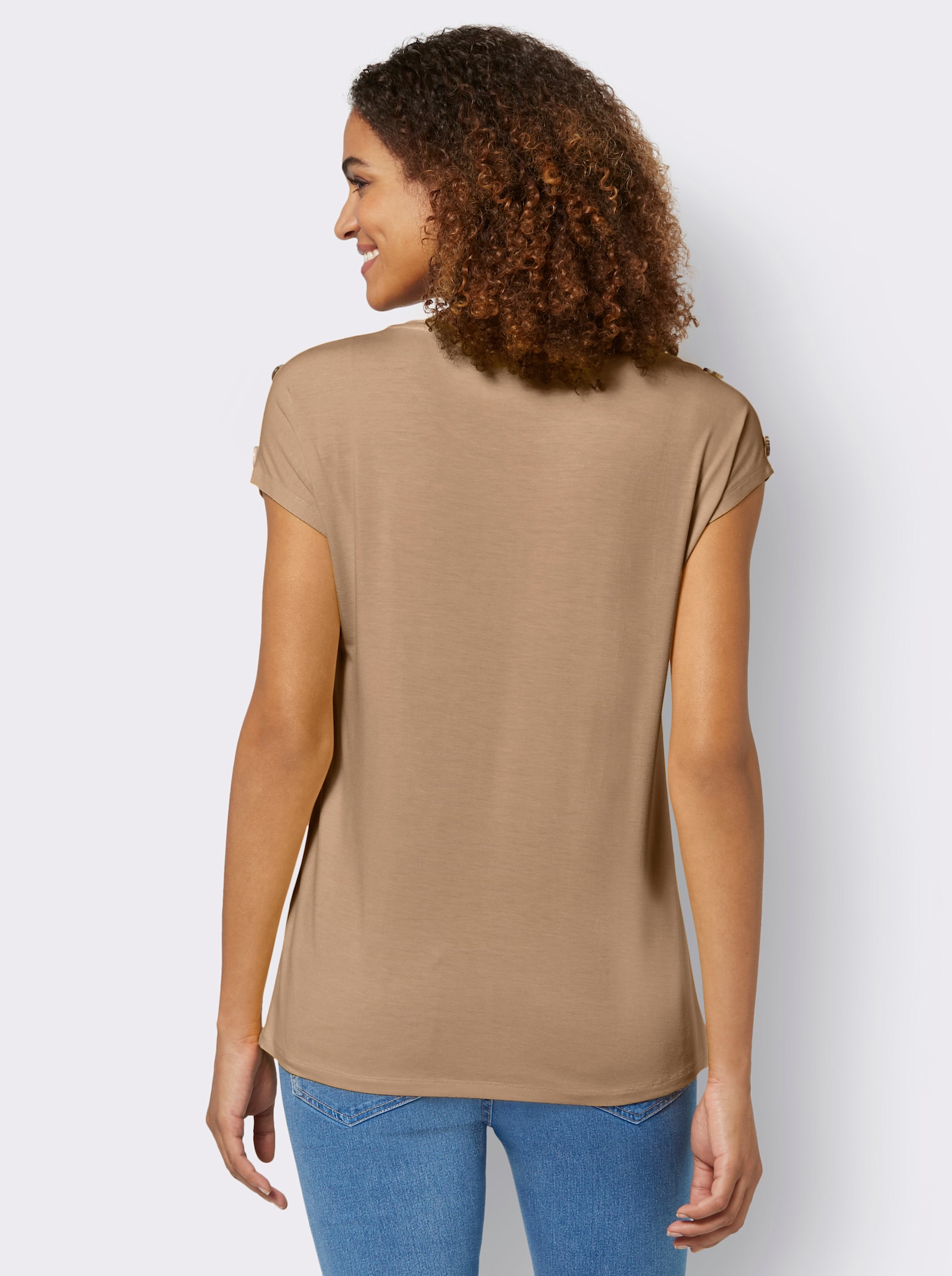 Shirt met korte mouwen en sierknopen op de schouders - camel