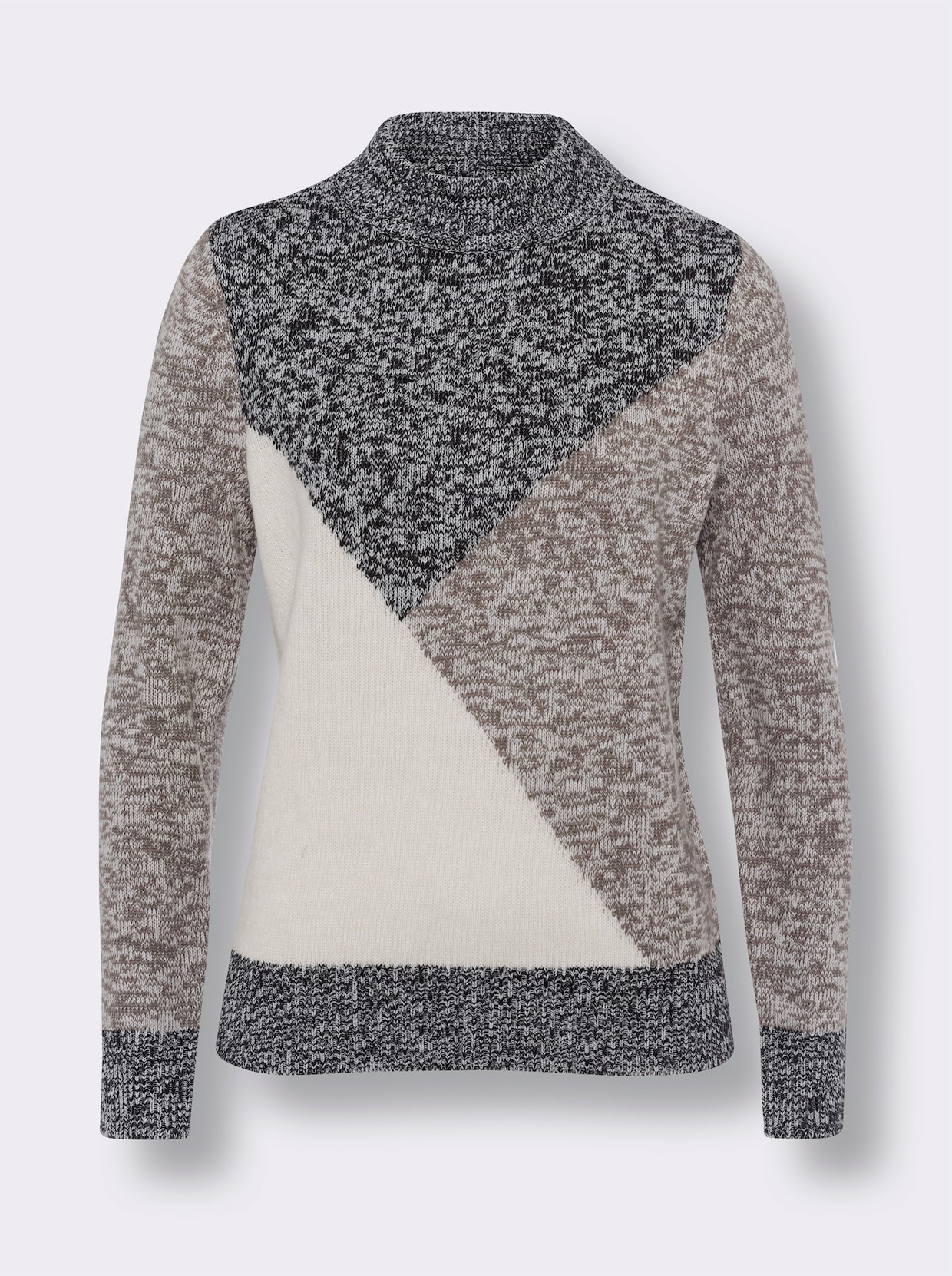 Stehkragenpullover - taupe-schwarz-meliert