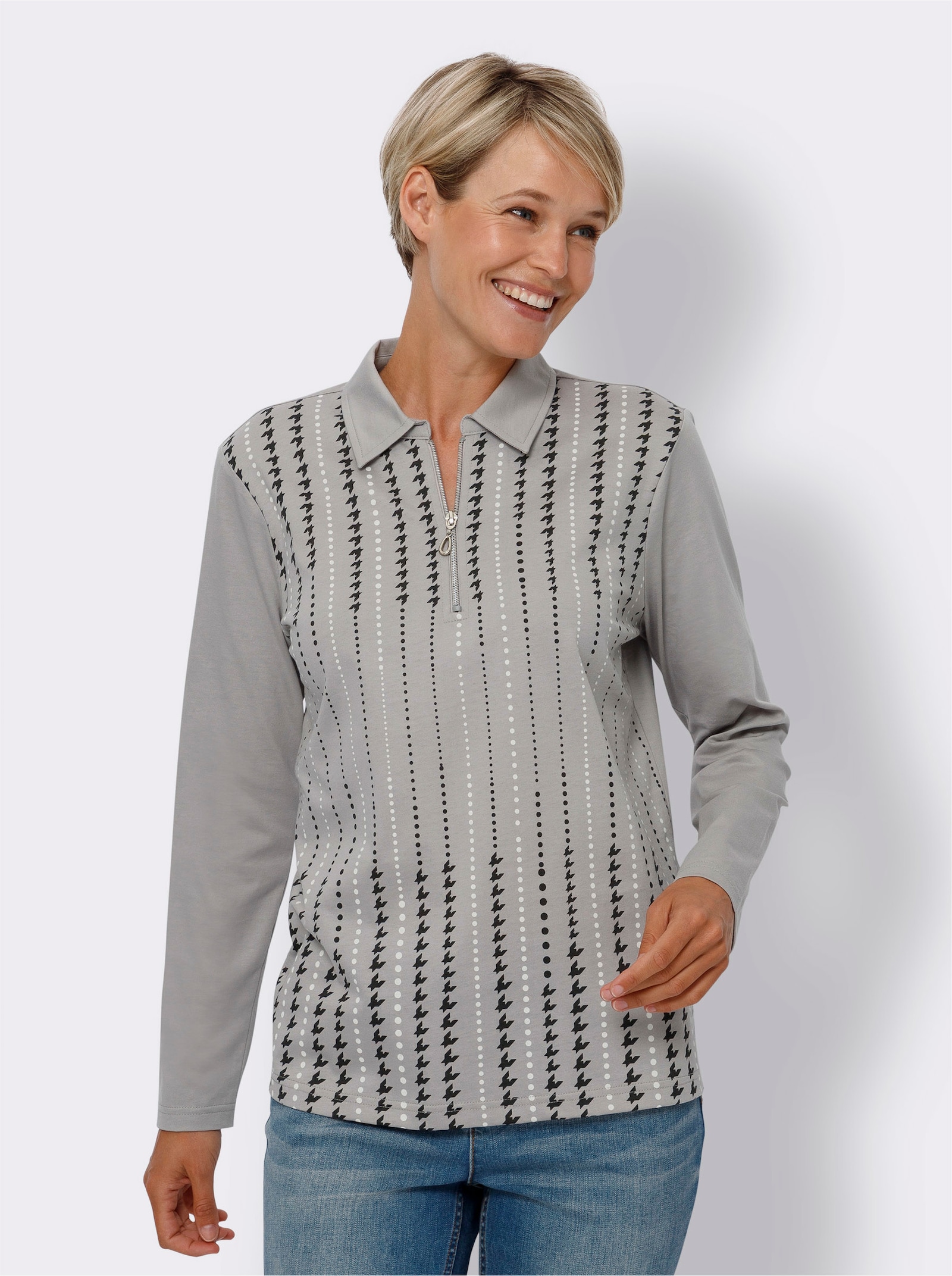 Polokošeľa, dlhé rukávy, krátky zips - kamenná – grafitová potlač