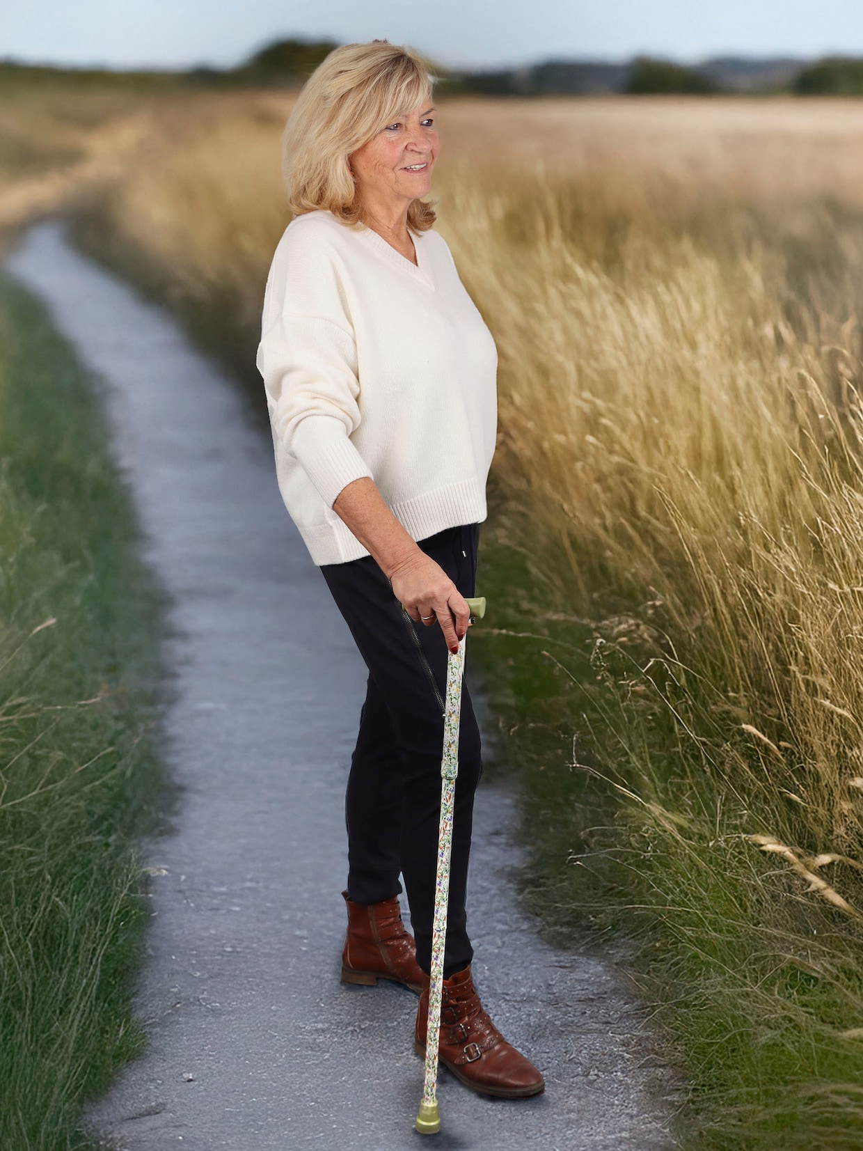 Gehstock mit Blumen-Muster, faltbar - grün-bedruckt