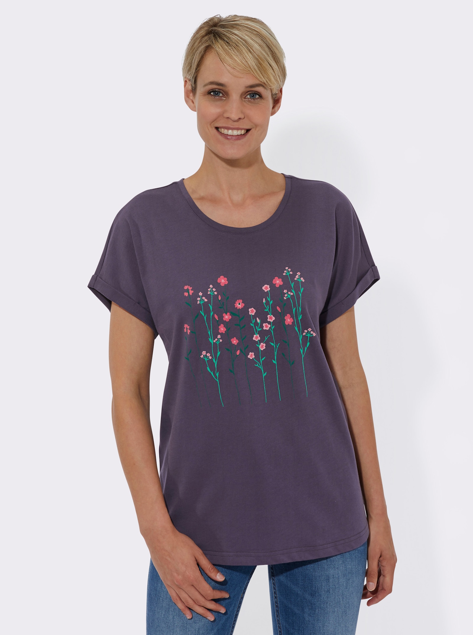 Rundhalsshirt mit Blüten-Dessin - pflaume-bedruckt