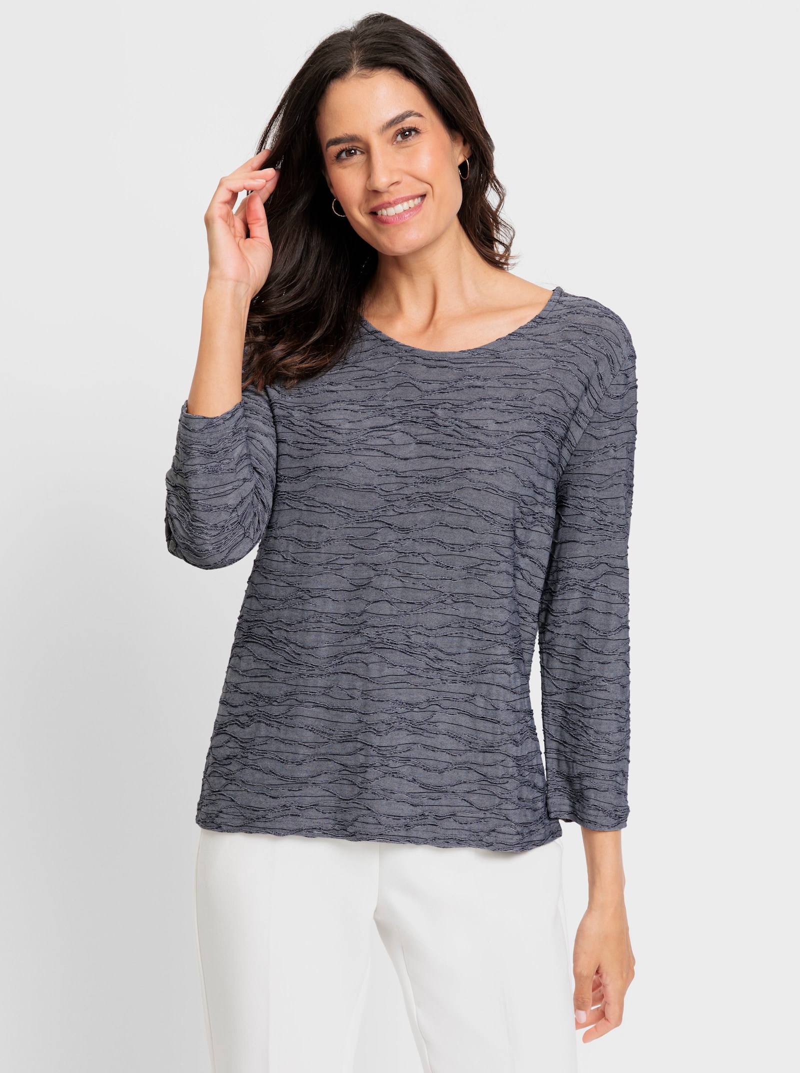 3/4-Arm-Shirt mit Wellen-Dessin - marine-meliert