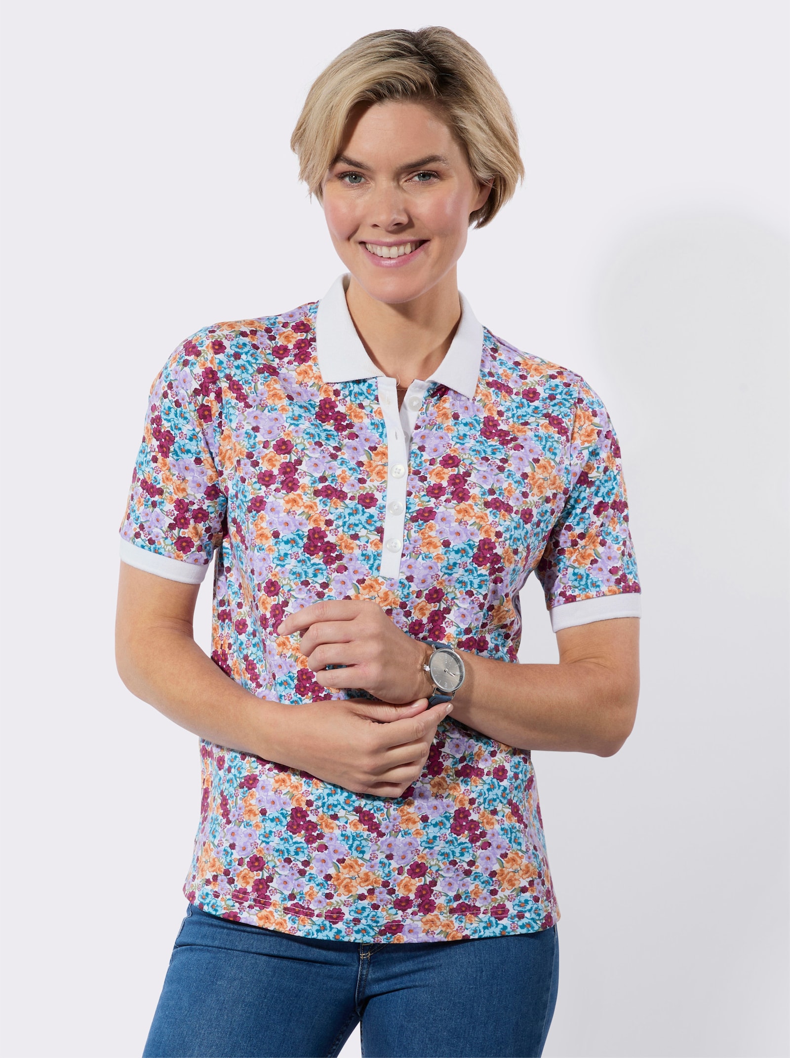 Poloshirt met geribde kraag - aquamarijn/apricot bedrukt