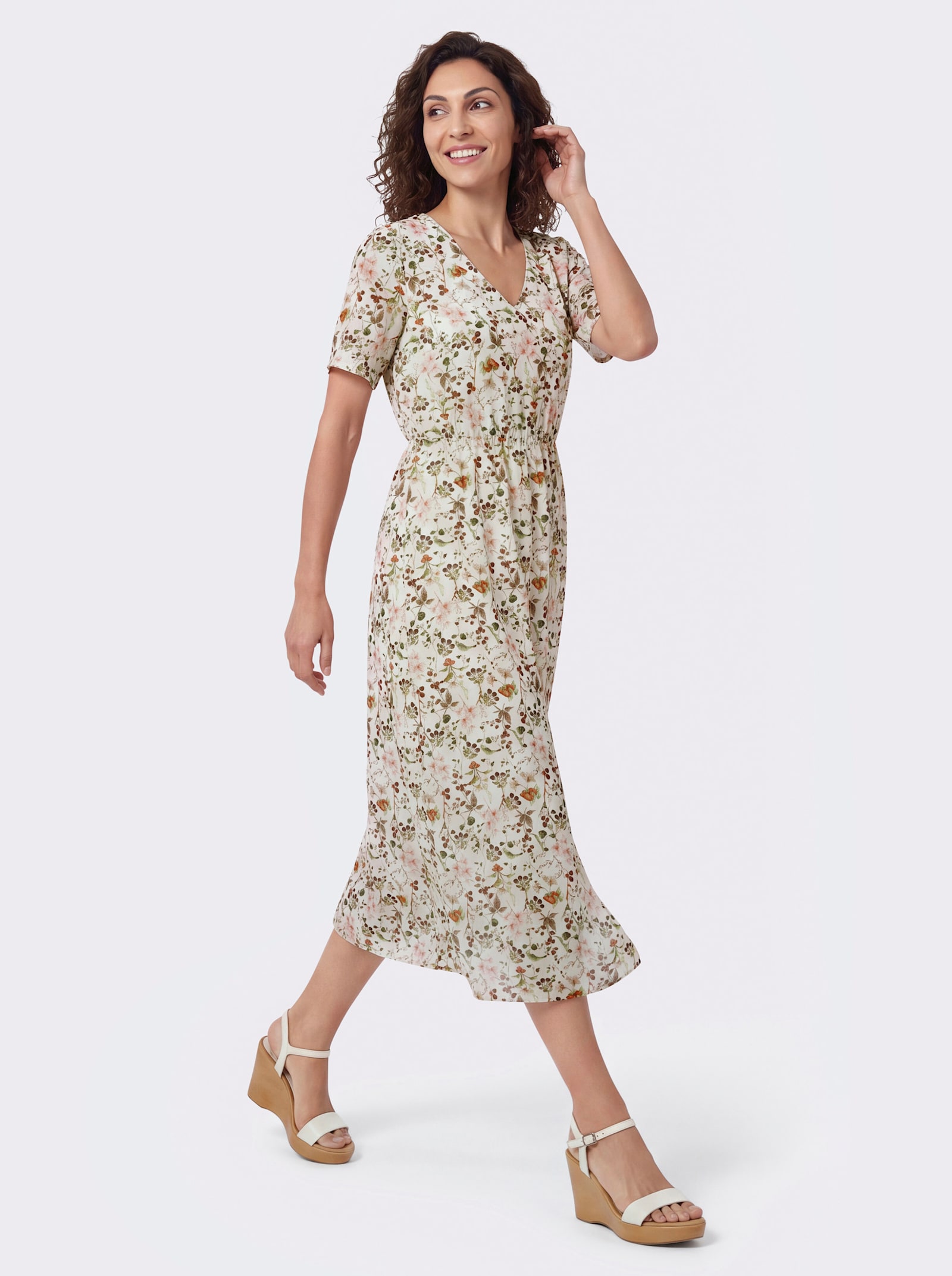 Druckkleid mit V-Ausschnitt - champagner-schilf-bedruckt