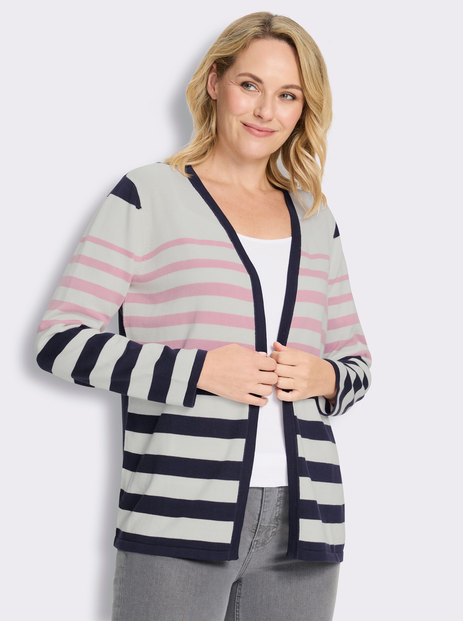 Cardigan in offener Form, reine Baumwolle - rosé-marine-geringelt