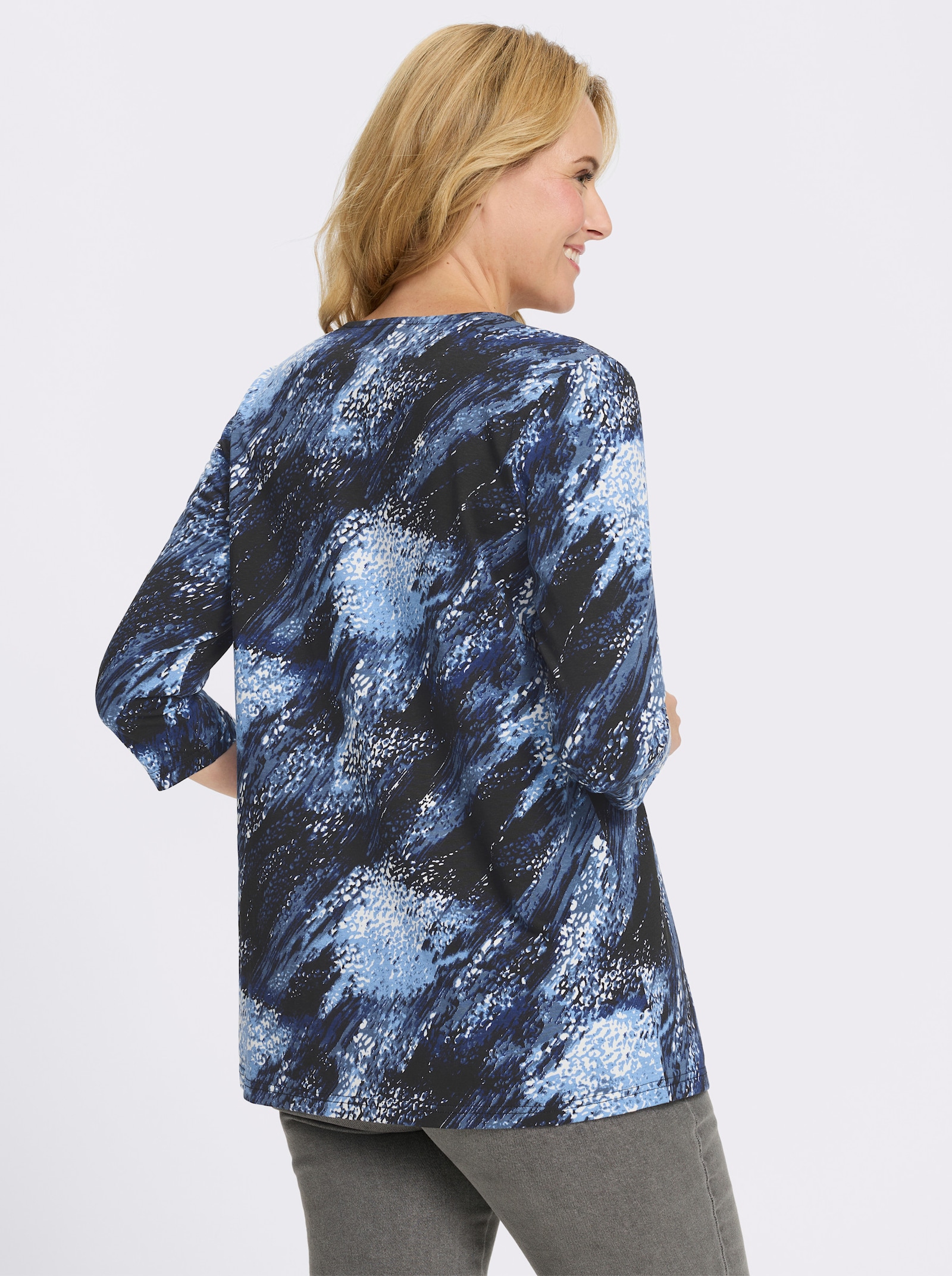 Longshirt mit 3/4-Ärmeln - schwarz-royalblau-bedruckt