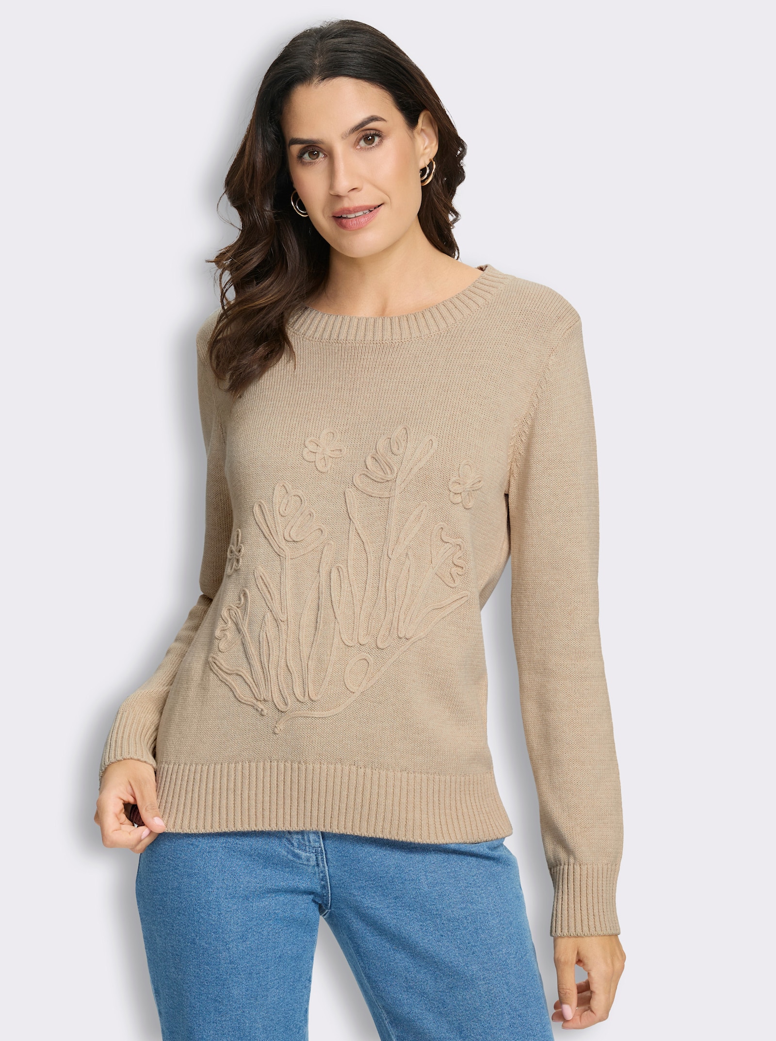 Baumwollpullover mit floraler Kordelstickerei - sand-meliert