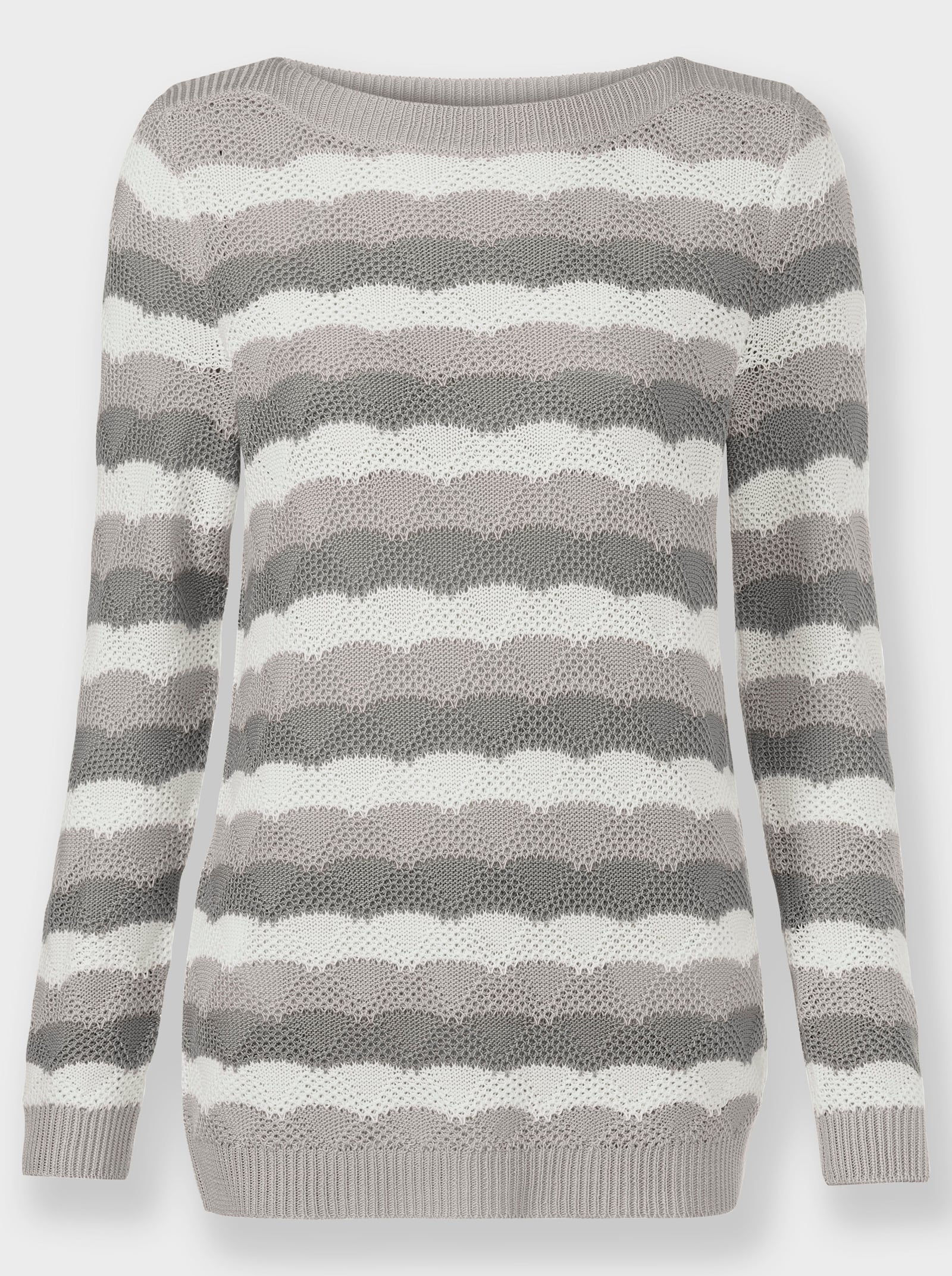 Langarm-Pullover mit Einstrickmuster - hellgrau-steingrau-geringelt