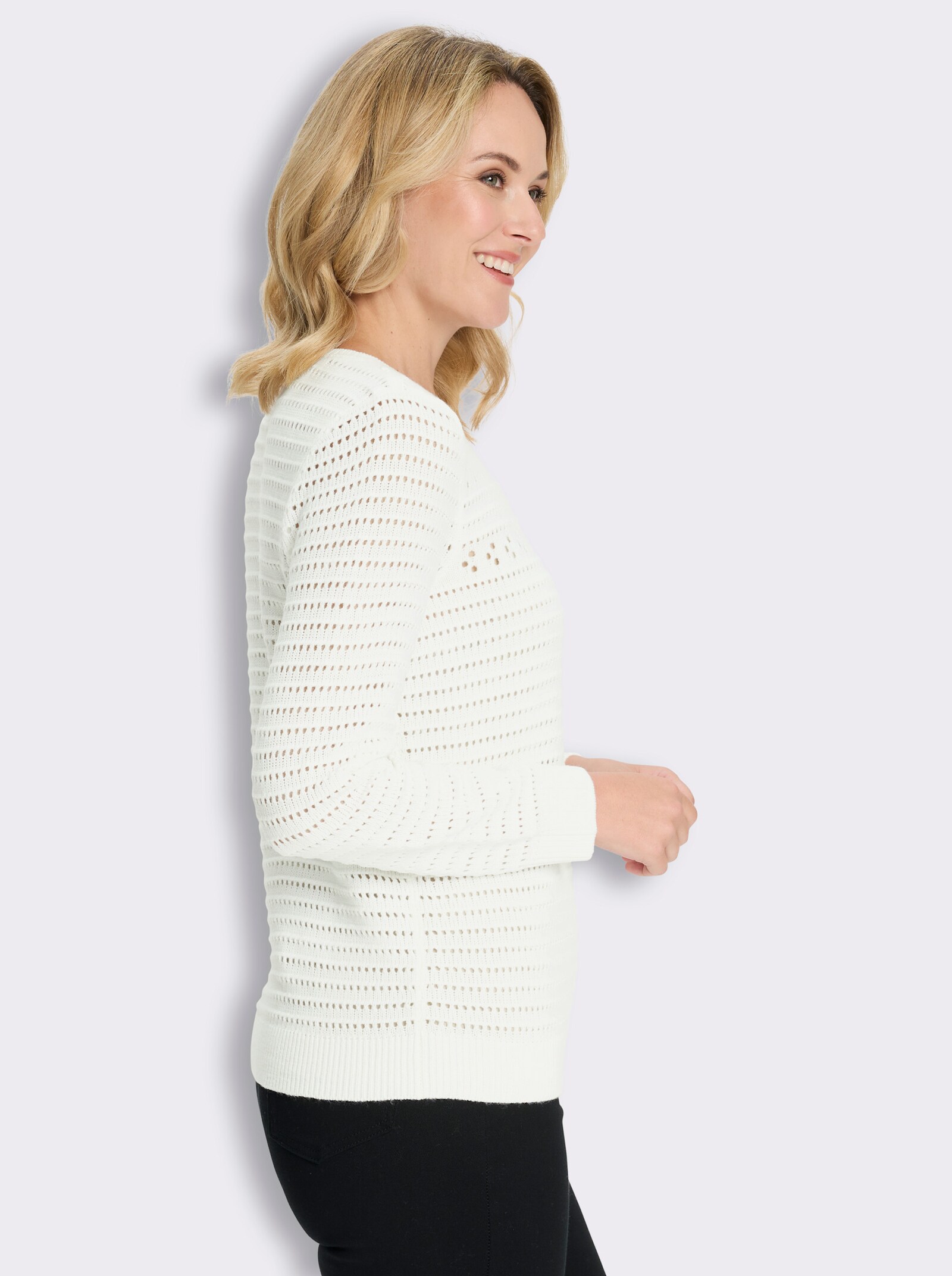 Ajourpullover mit Rippabschlüssen - ecru