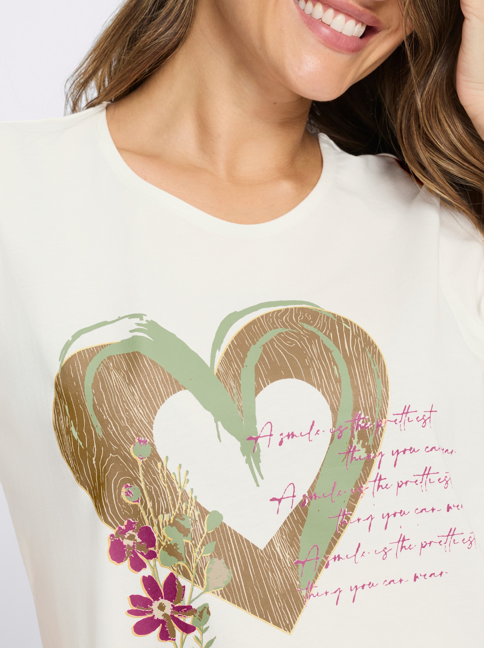 Kurzarmshirt im Trachtenstil - ecru-braun