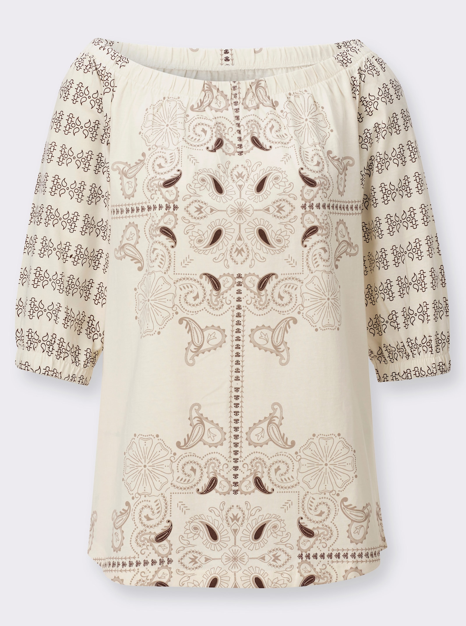 Print-Shirt mit Carmen-Ausschnitt - schoko-champagner-bedruckt