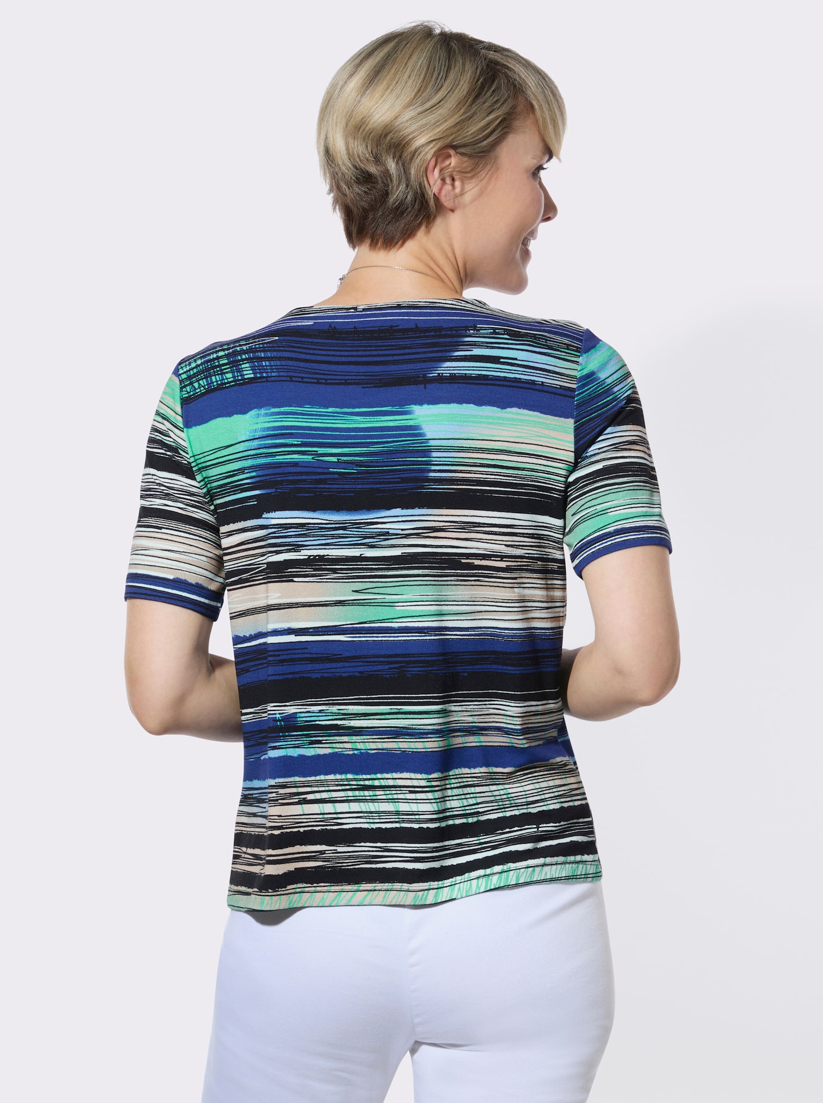 Rundhalsshirt in Viskose-Stretch-Qualität - royalblau-ecru-bedruckt