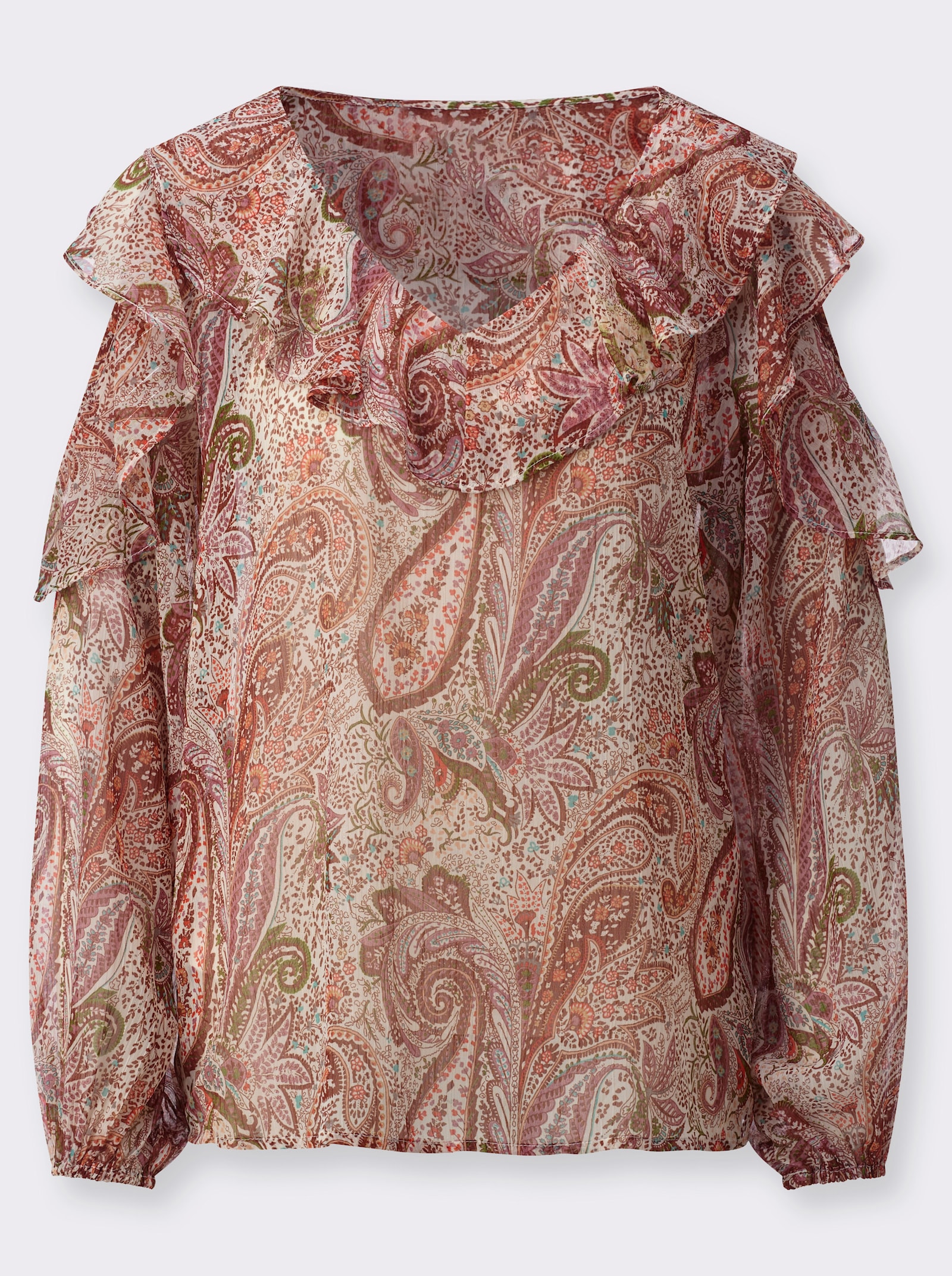  Chiffonbluse mit goldfarbigen Glanzfäden - ecru-papaya-bedruckt