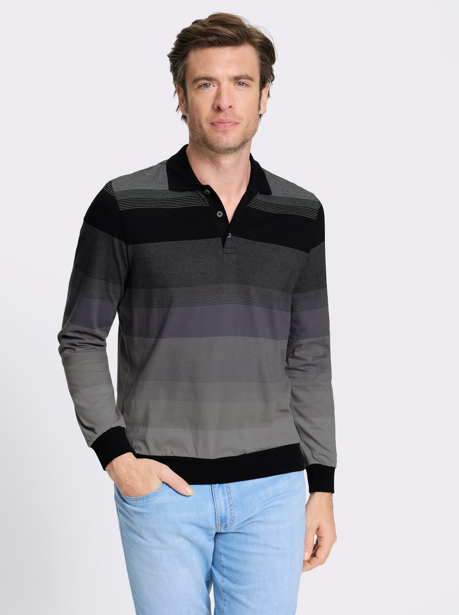 Marco Donati Langarm-Poloshirt , hochwertig garngefärbt - schwarz-anthrazit-gestreift