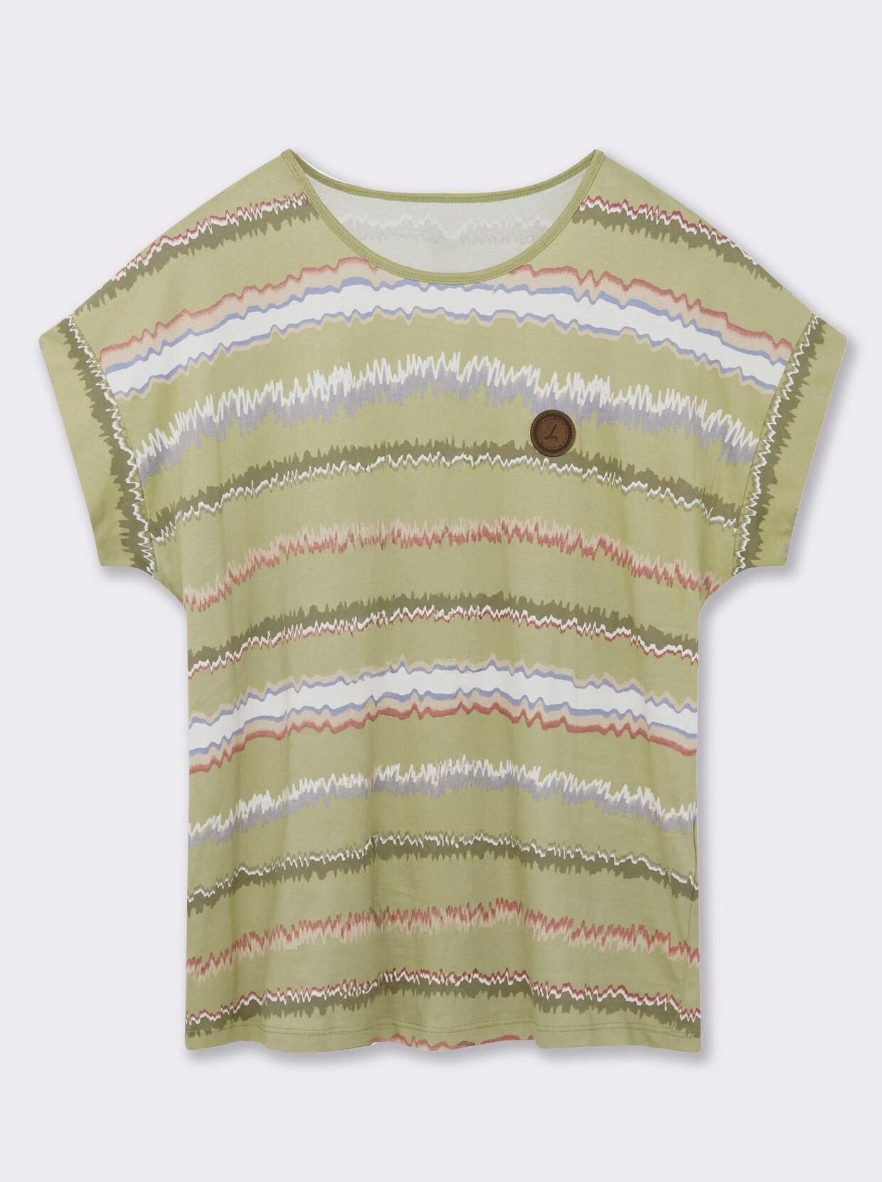 Print-Shirt mit Ziernähten, geringelt - lindgrün-ecru-bedruckt