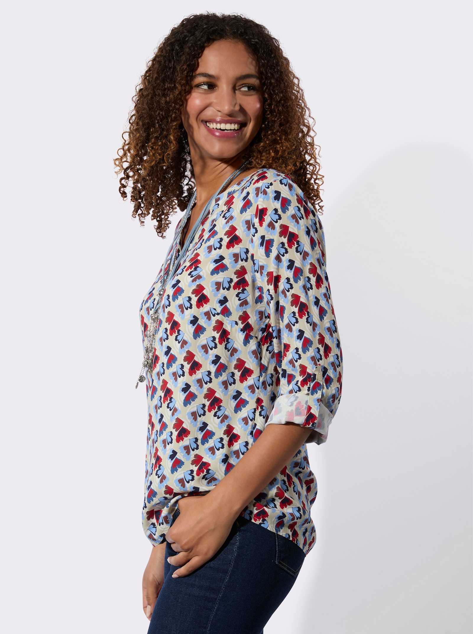 Blouse met print en opstroopbare mouwen - hemelsblauw/aardbei bedrukt