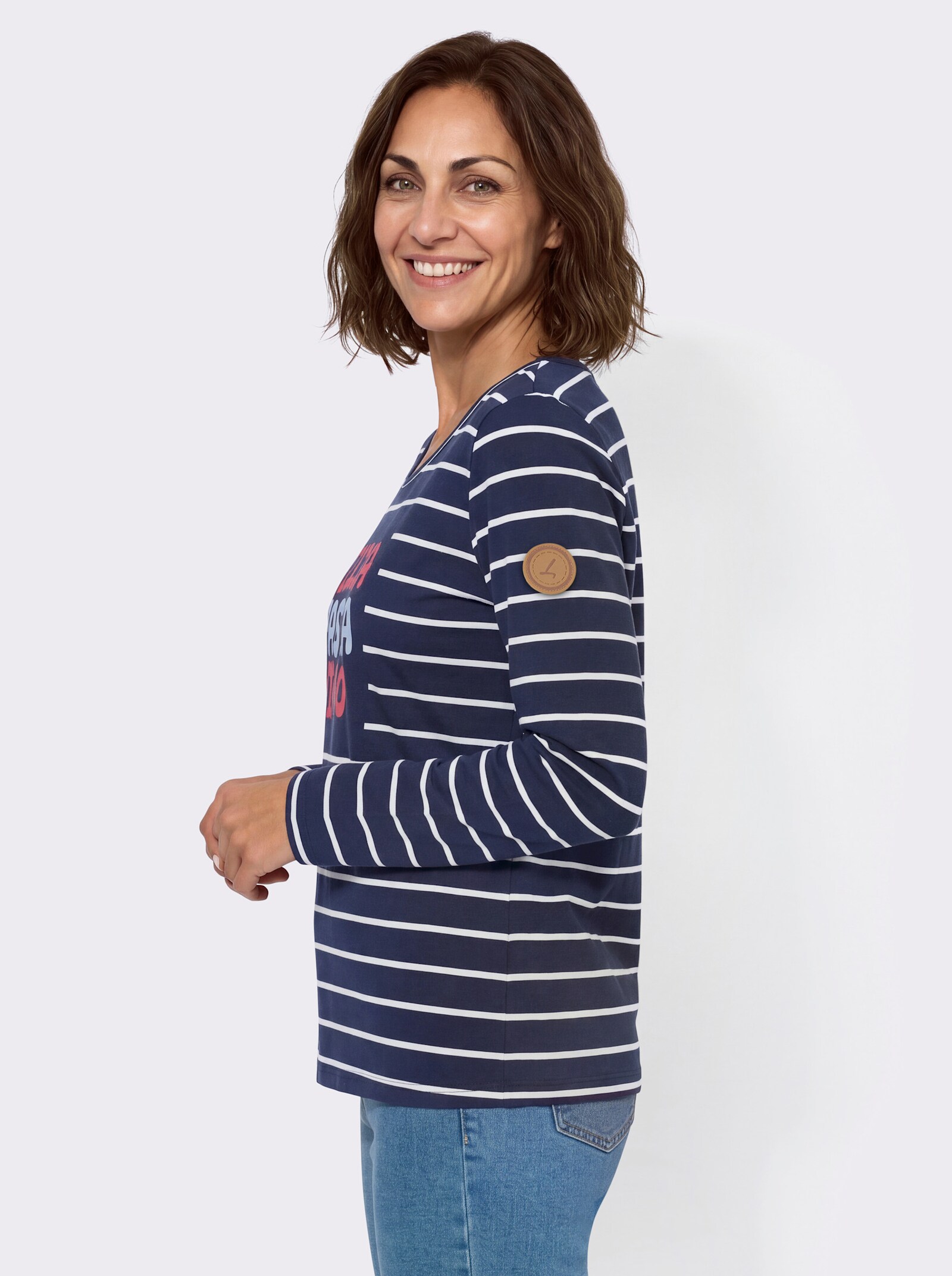 Ringelshirt mit Frontdruck - marine-weiß-geringelt