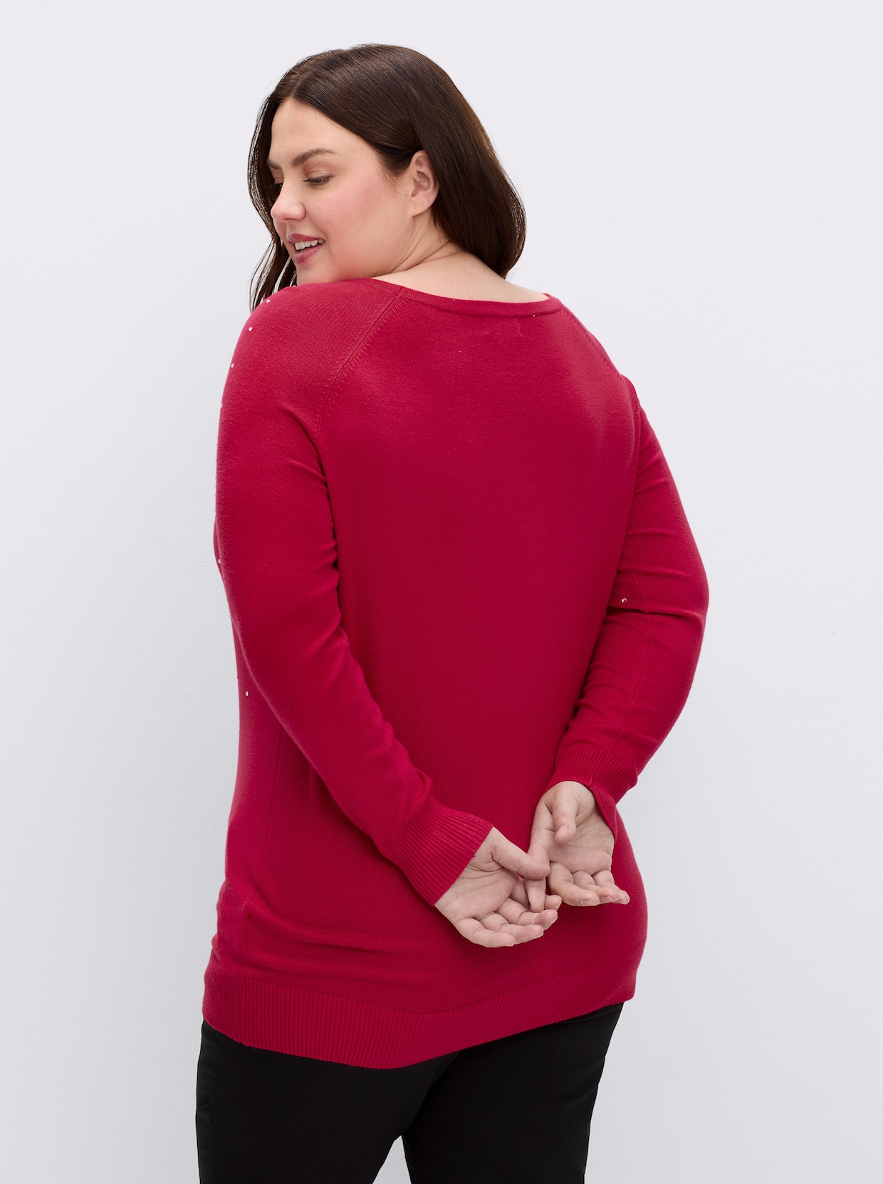Langarm-Pullover mit Glitzersteinchen - rot