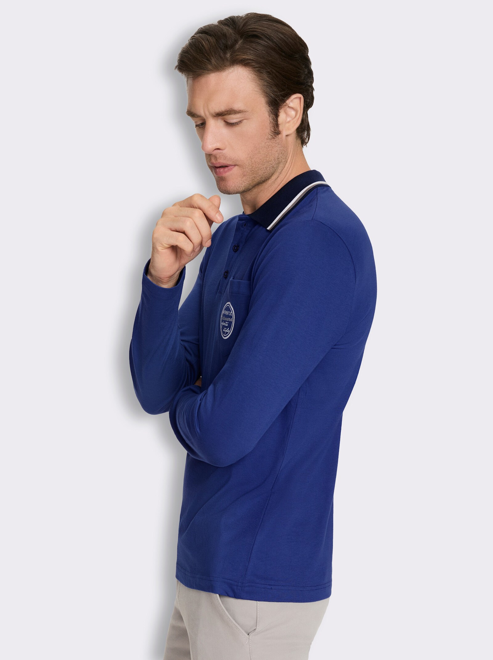 Langarm-Poloshirt mit Brusttasche - royalblau