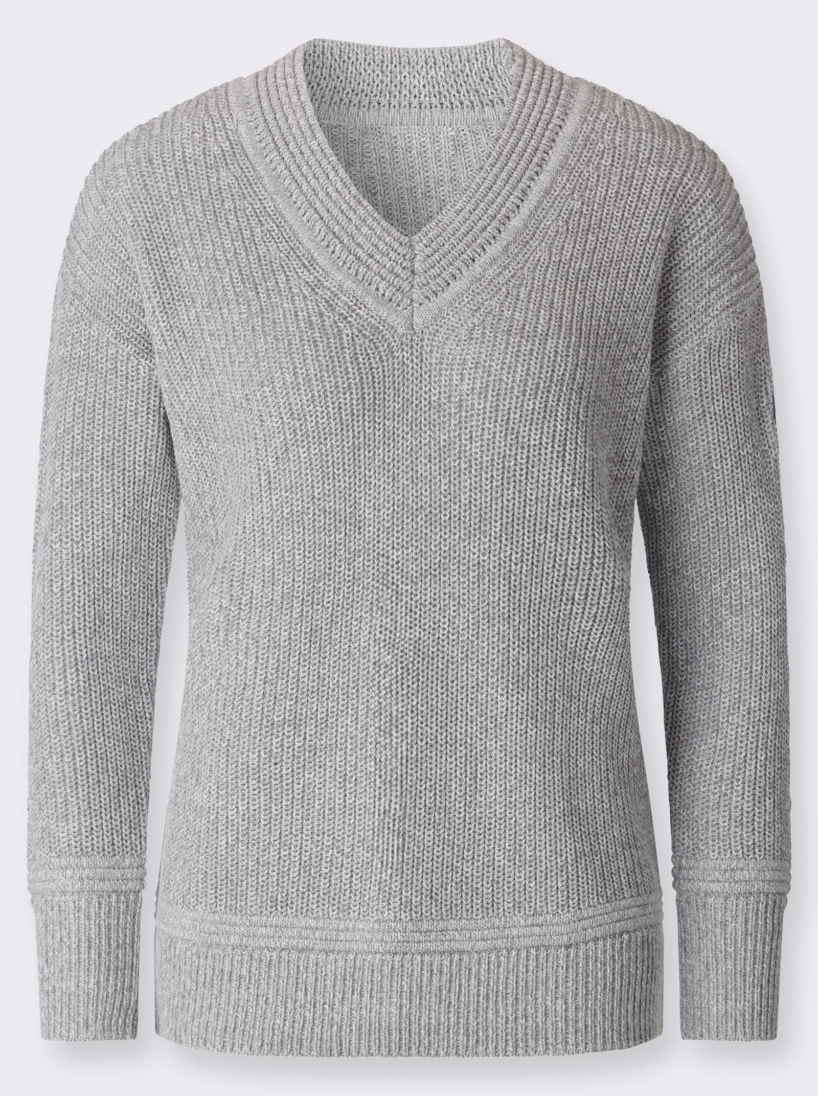 V-Ausschnitt-Pullover - steingrau-ecru-meliert