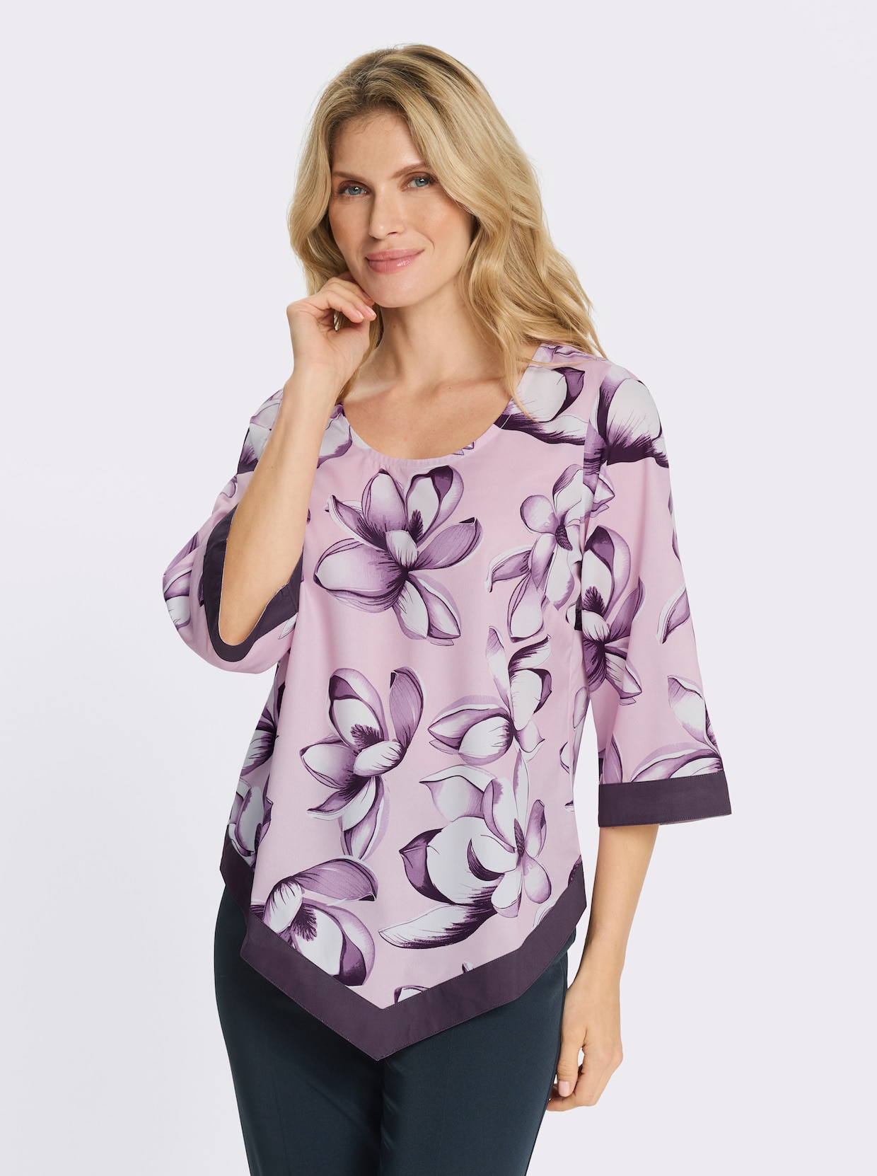 Schlupfbluse mit Trompetenärmeln - rosé-aubergine-bedruckt