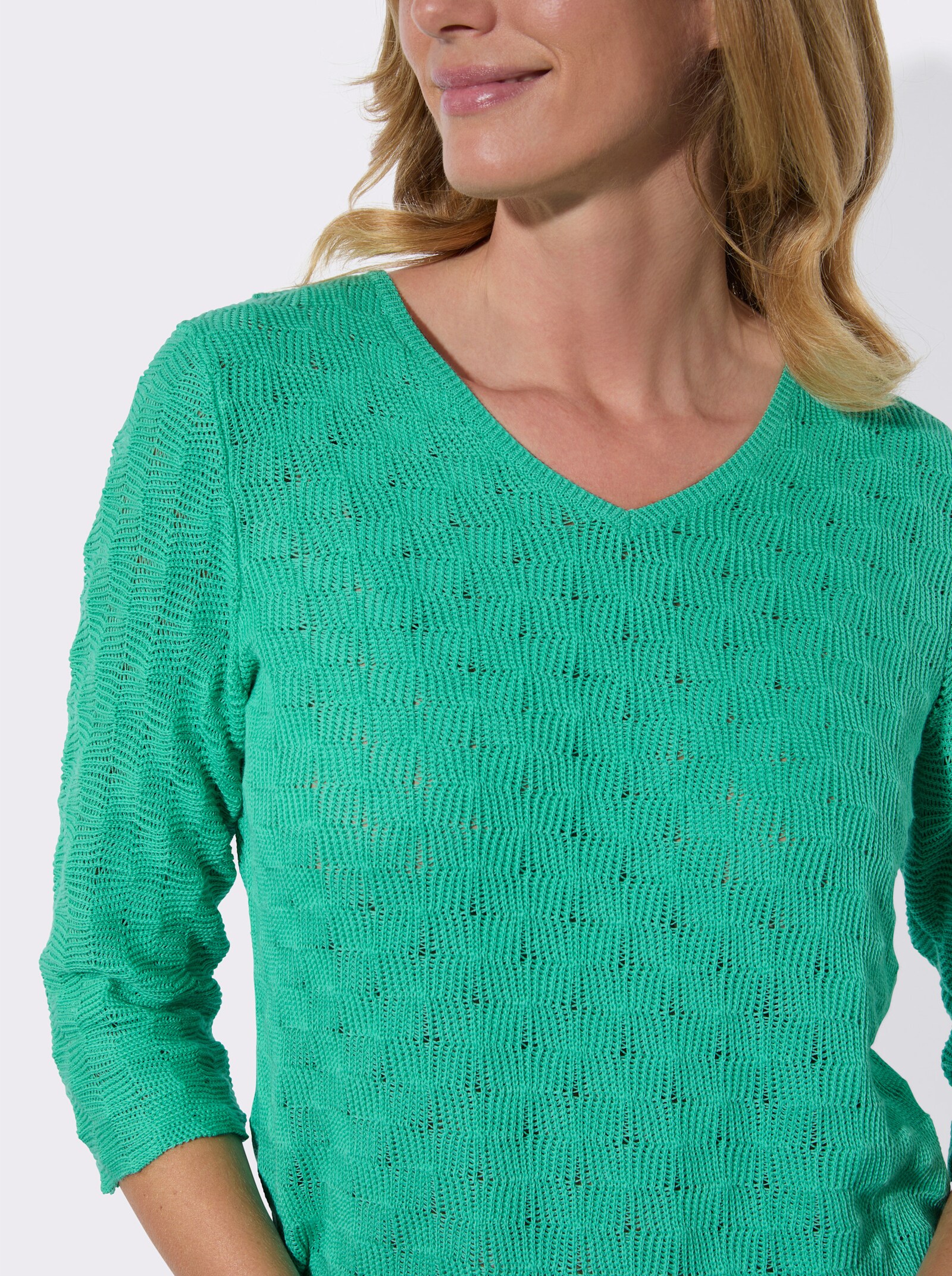 Ajourpullover mit V-Ausschnitt - blaugrün