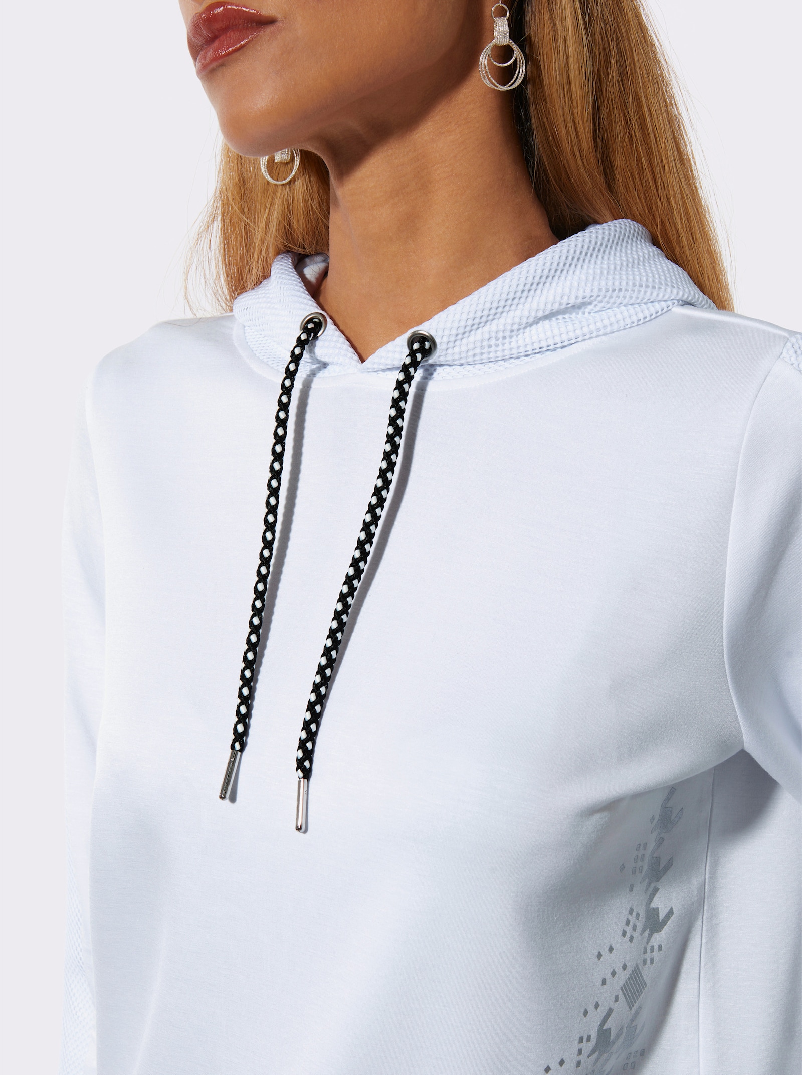 Kapuzensweatshirt mit Netz-Akzenten - weiß-silberfarben-bedruckt