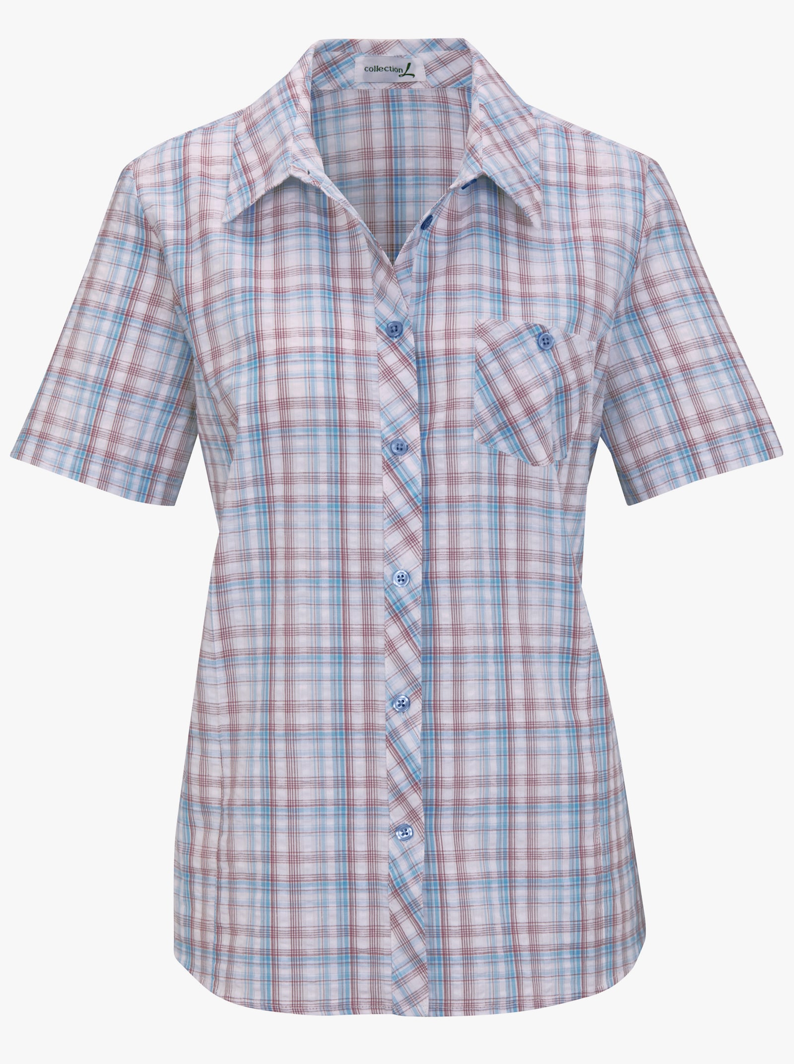 Baumwollbluse aus Seersucker - jeansblau-kariert