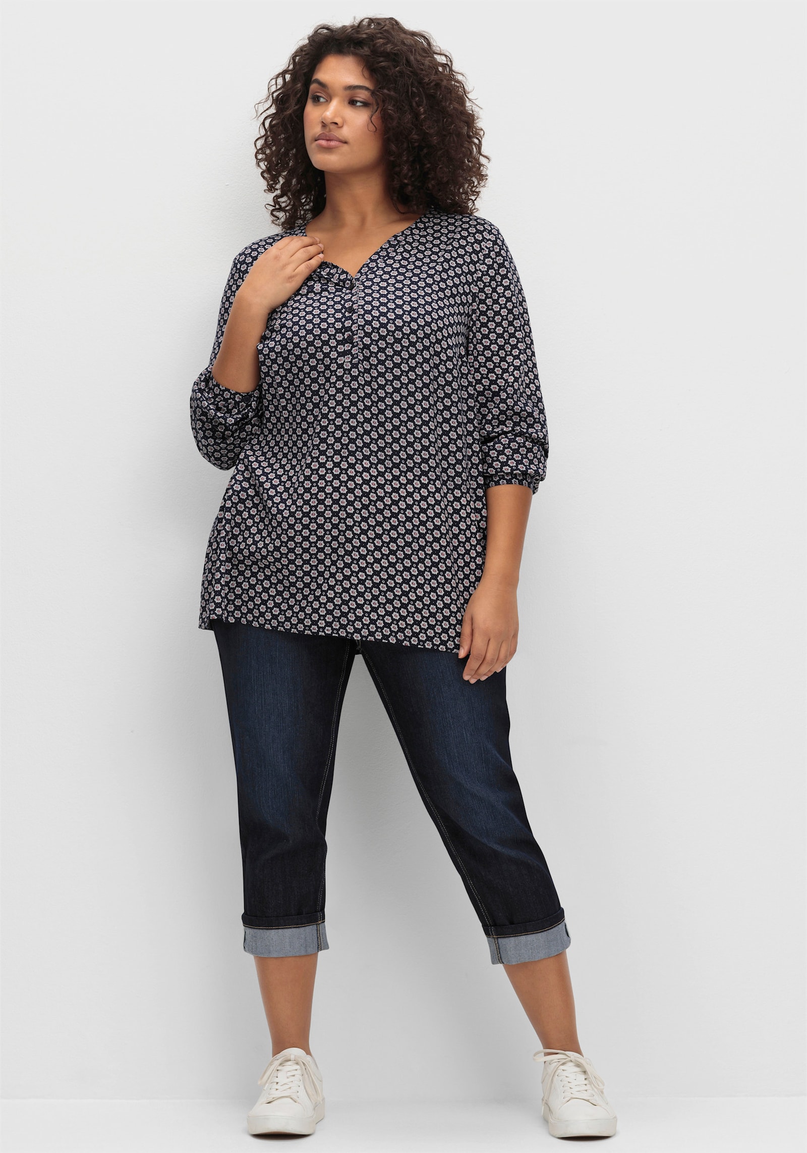 sheego 7/8-jeans in smal model, met contrastband - blue black denim