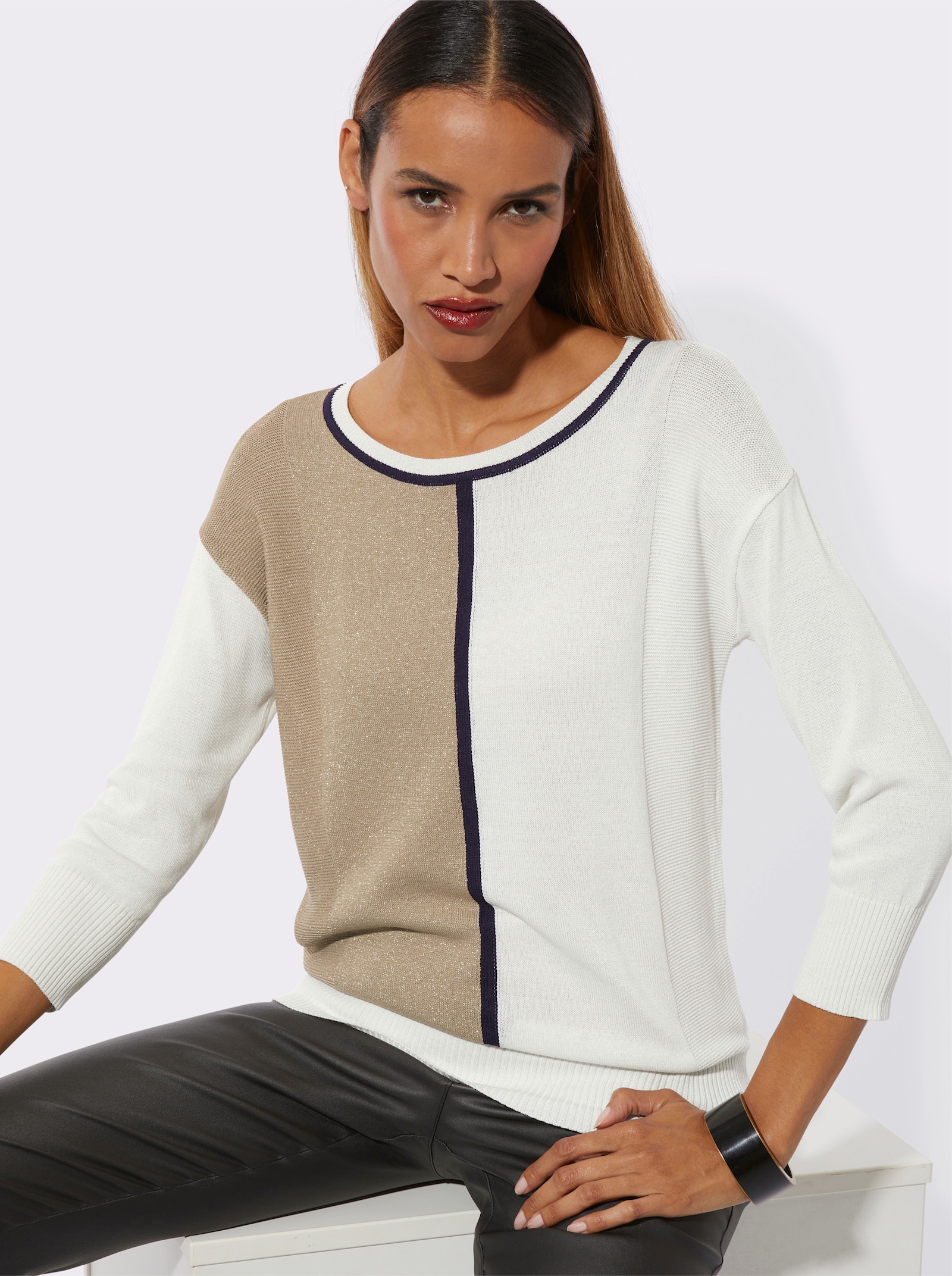 Rundhalspullover mit Glanzgarn - ecru-beige