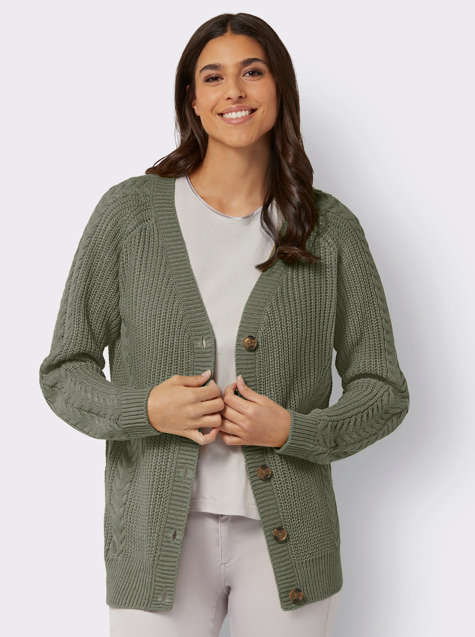 Strickjacke mit Zopfmuster - khaki