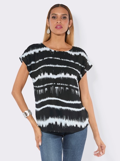 Druckbluse mit Rundhals-Ausschnitt - schwarz-weiß-bedruckt