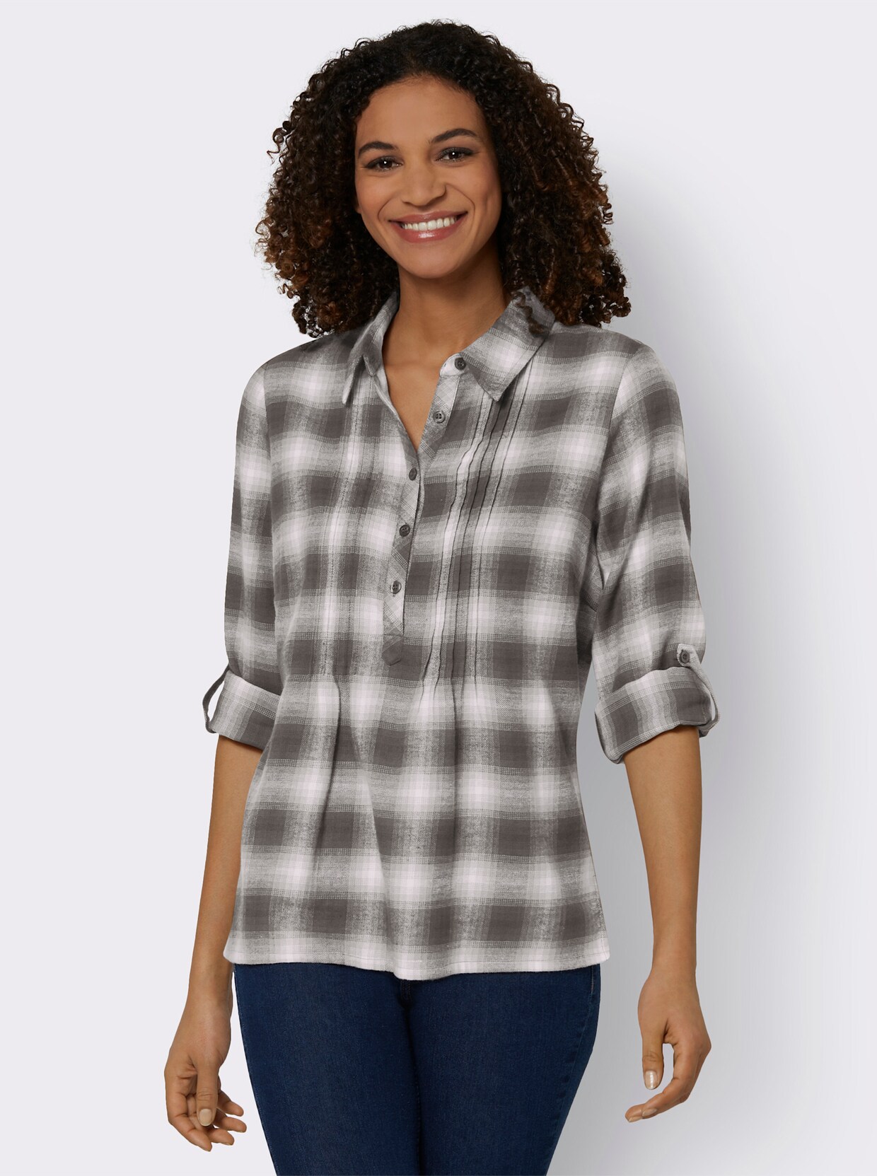 Flanellbluse - grau-ecru-kariert