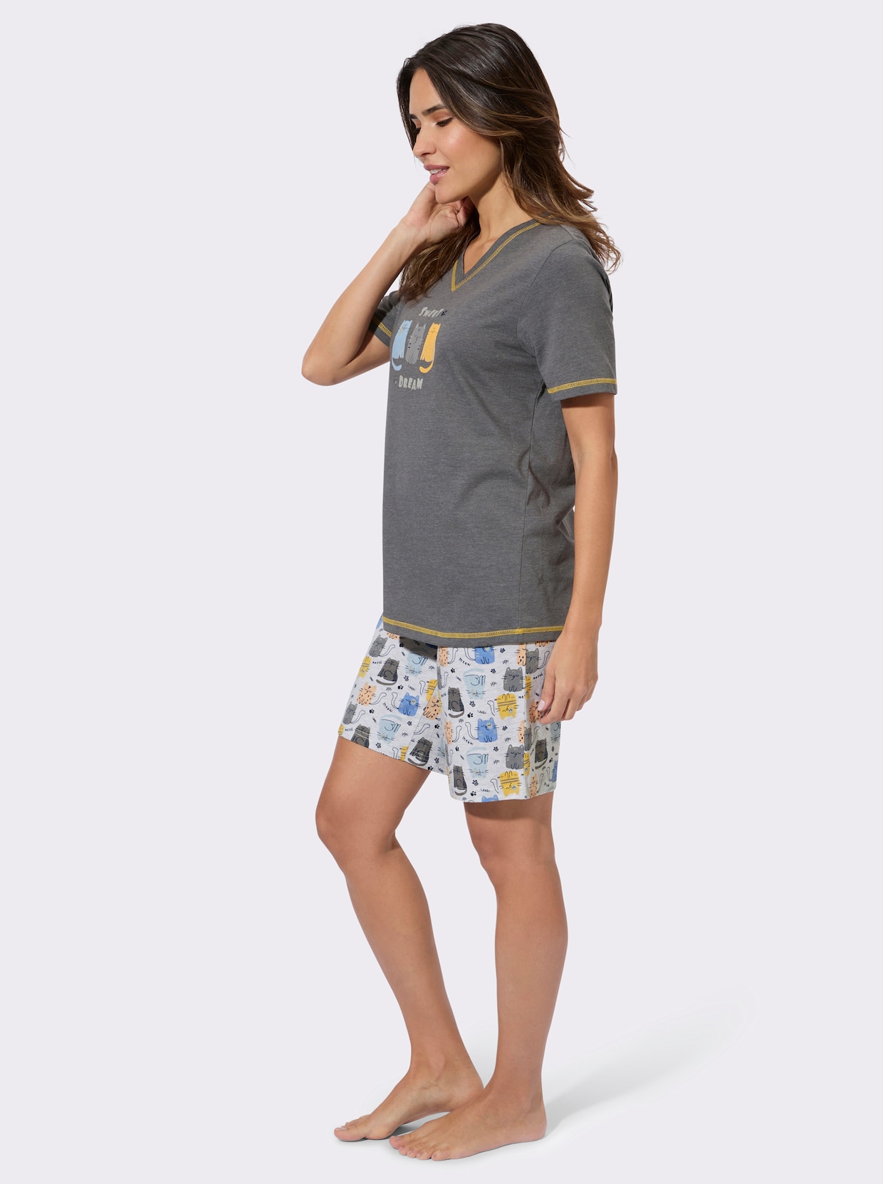 Shorty mit Katzen-Motiv - anthrazit-steingrau-bedruckt